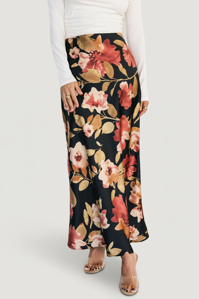 Cosette Satin Floral Midi Skirt - Black Floral 1 Cosette Satin Floral Midi Skirt - Black Floral