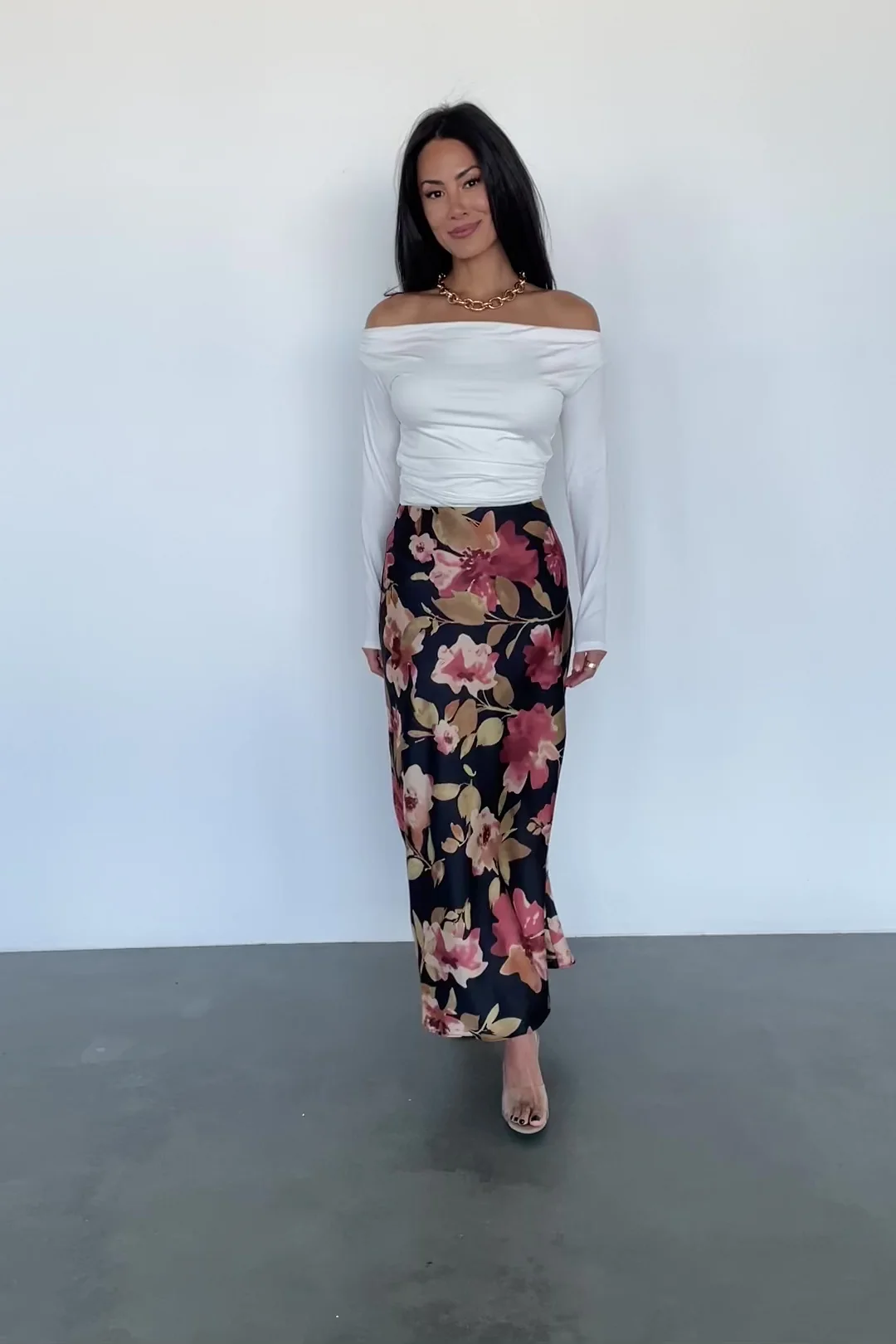 Cosette Satin Floral Midi Skirt - Black Floral 2 Cosette Satin Floral Midi Skirt - Black Floral