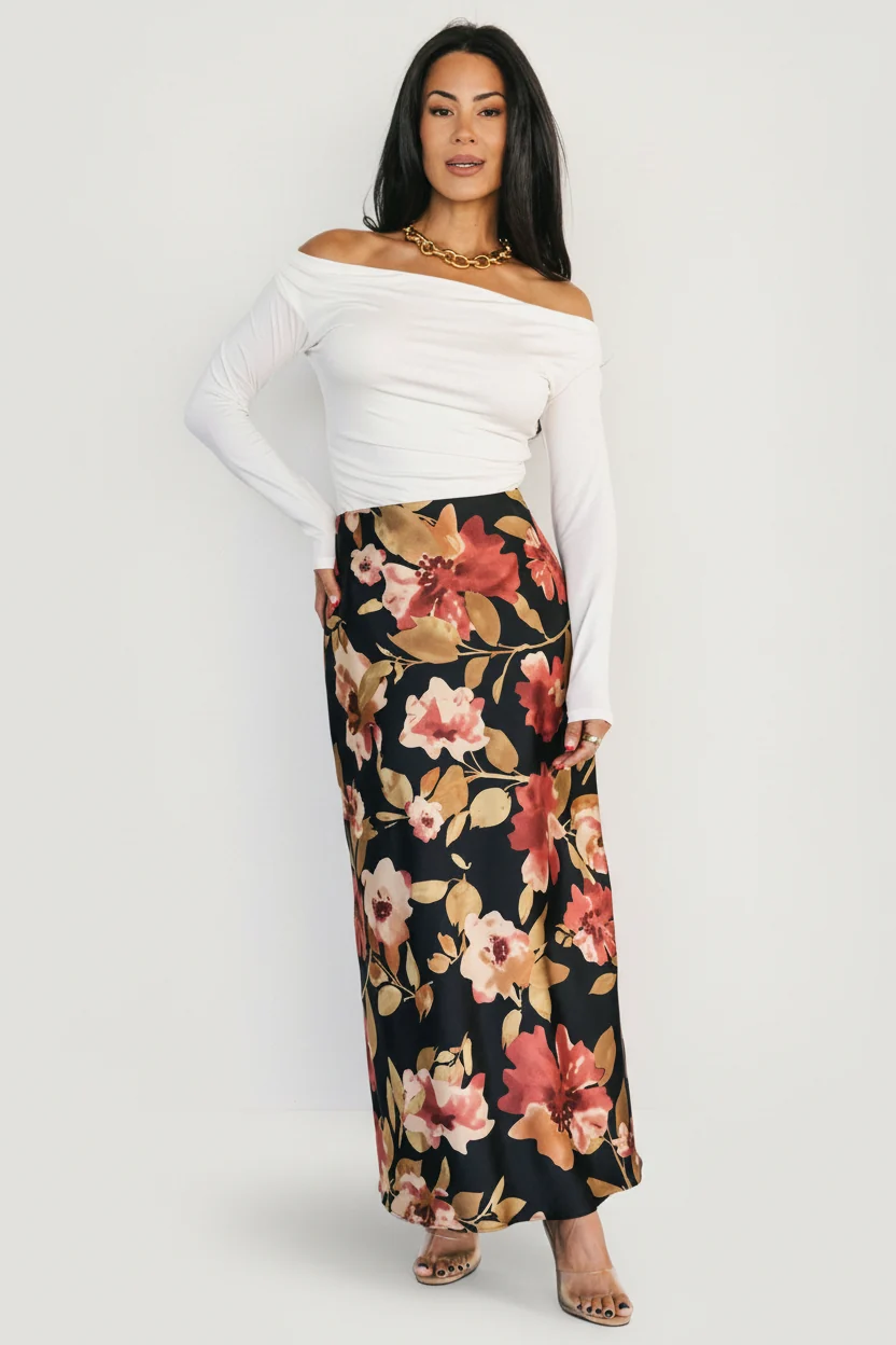 Cosette Satin Floral Midi Skirt - Black Floral 3 Cosette Satin Floral Midi Skirt - Black Floral
