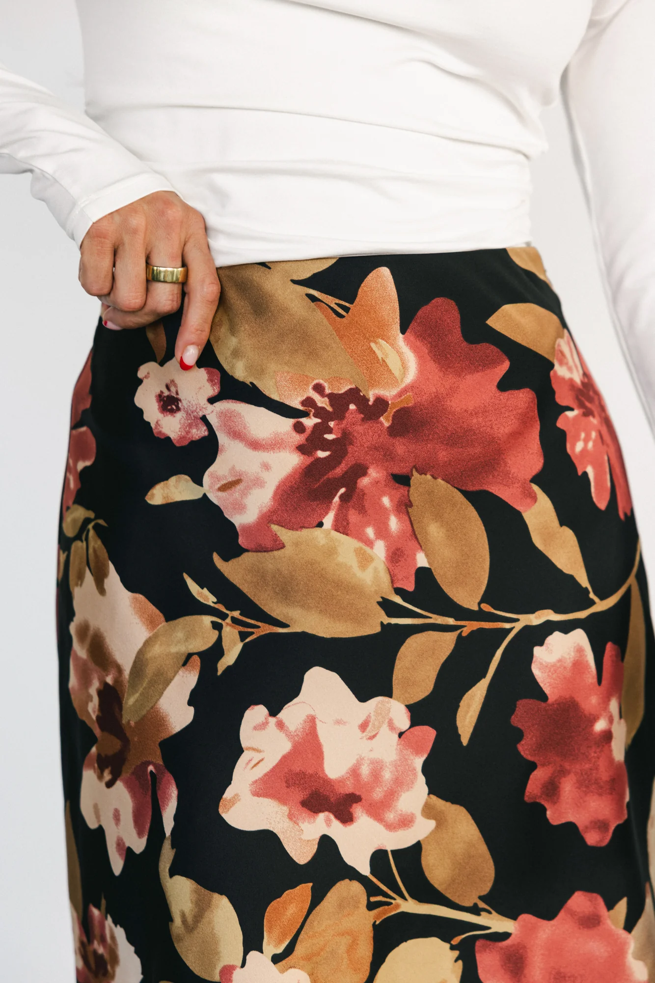 Cosette Satin Floral Midi Skirt - Black Floral 4 Cosette Satin Floral Midi Skirt - Black Floral