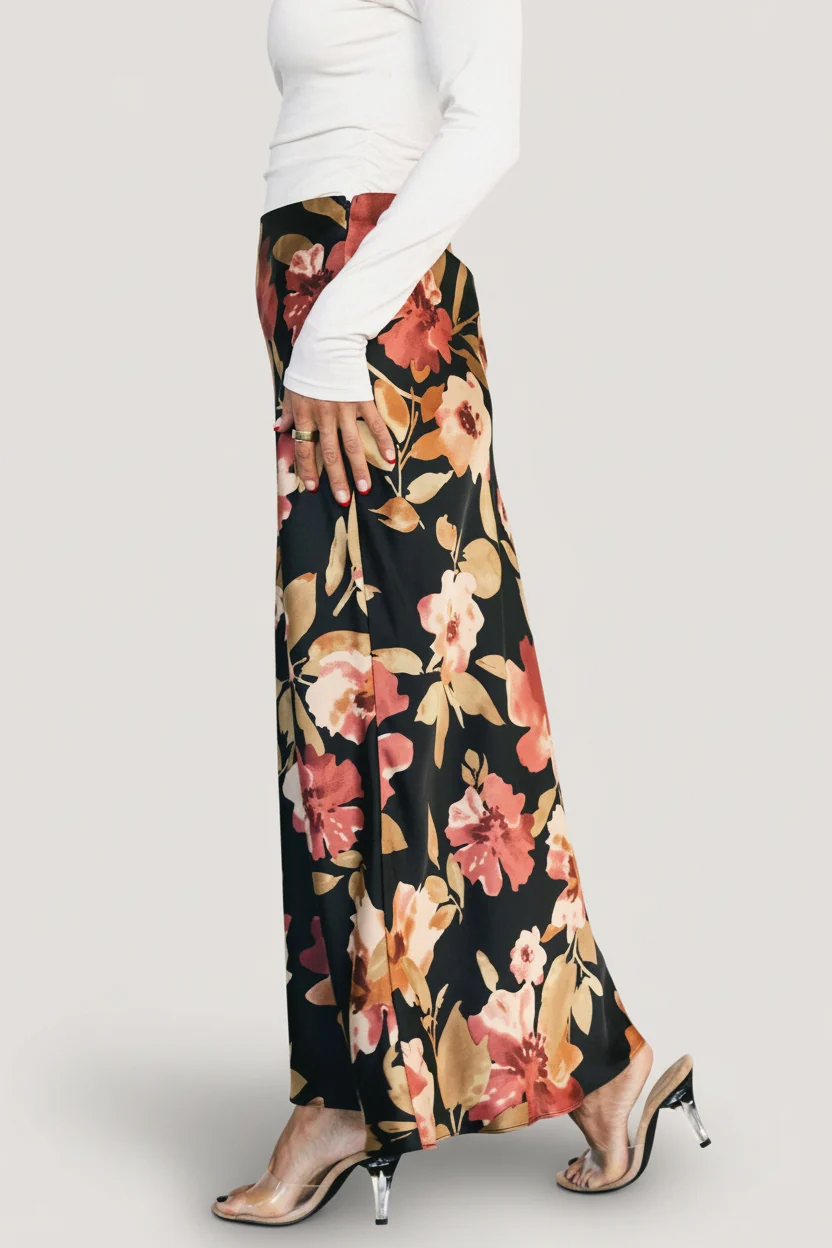 Cosette Satin Floral Midi Skirt - Black Floral 5 Cosette Satin Floral Midi Skirt - Black Floral