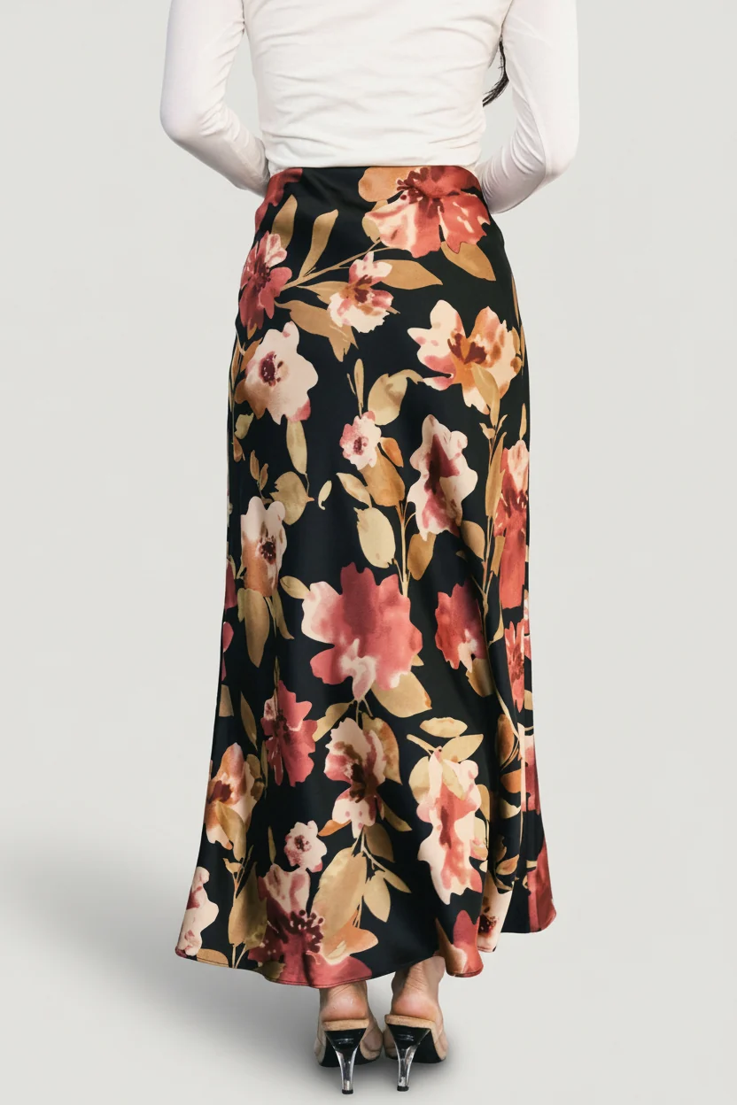 Cosette Satin Floral Midi Skirt - Black Floral 6 Cosette Satin Floral Midi Skirt - Black Floral