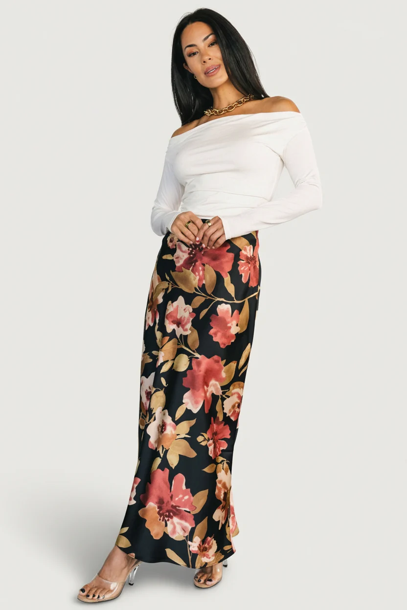 Cosette Satin Floral Midi Skirt - Black Floral 7 Cosette Satin Floral Midi Skirt - Black Floral