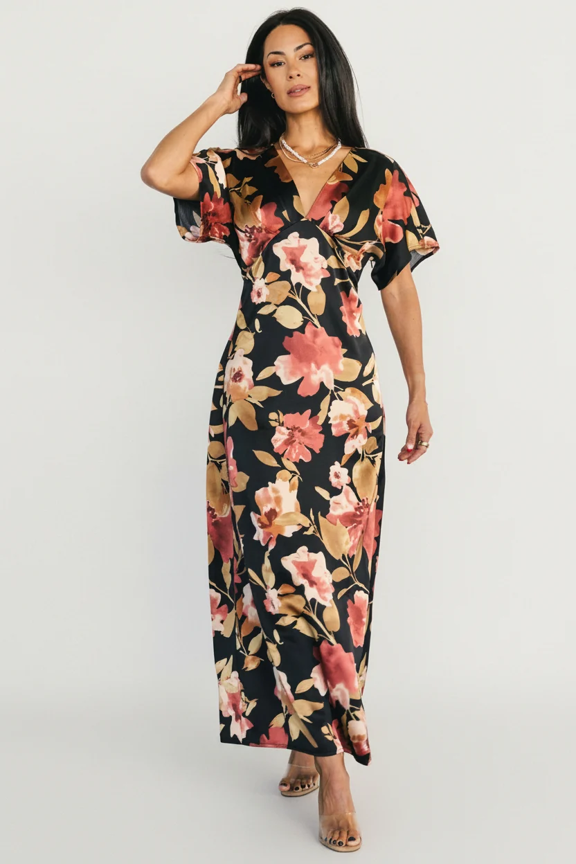 Milana Satin Maxi Dress — Black Floral Maxi