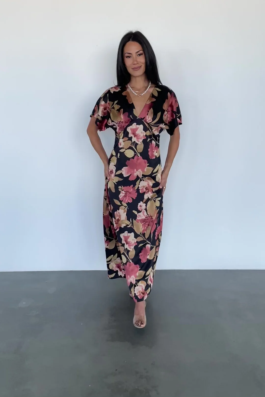 Milana Satin Maxi Dress — Black Floral Maxi