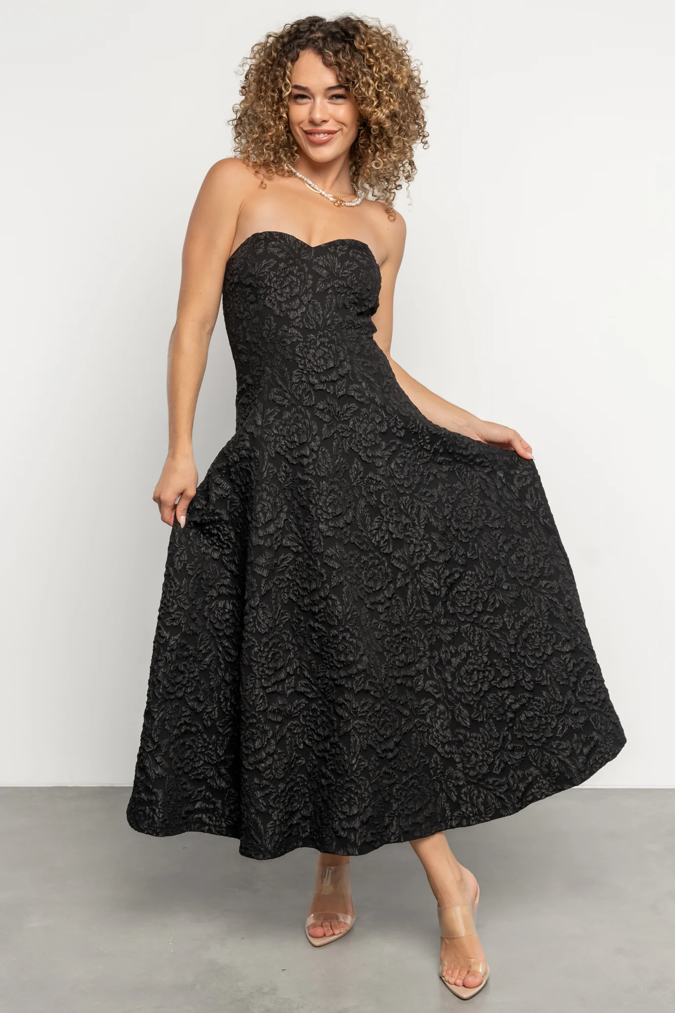 Selene Strapless Embossed Floral Midi Dress