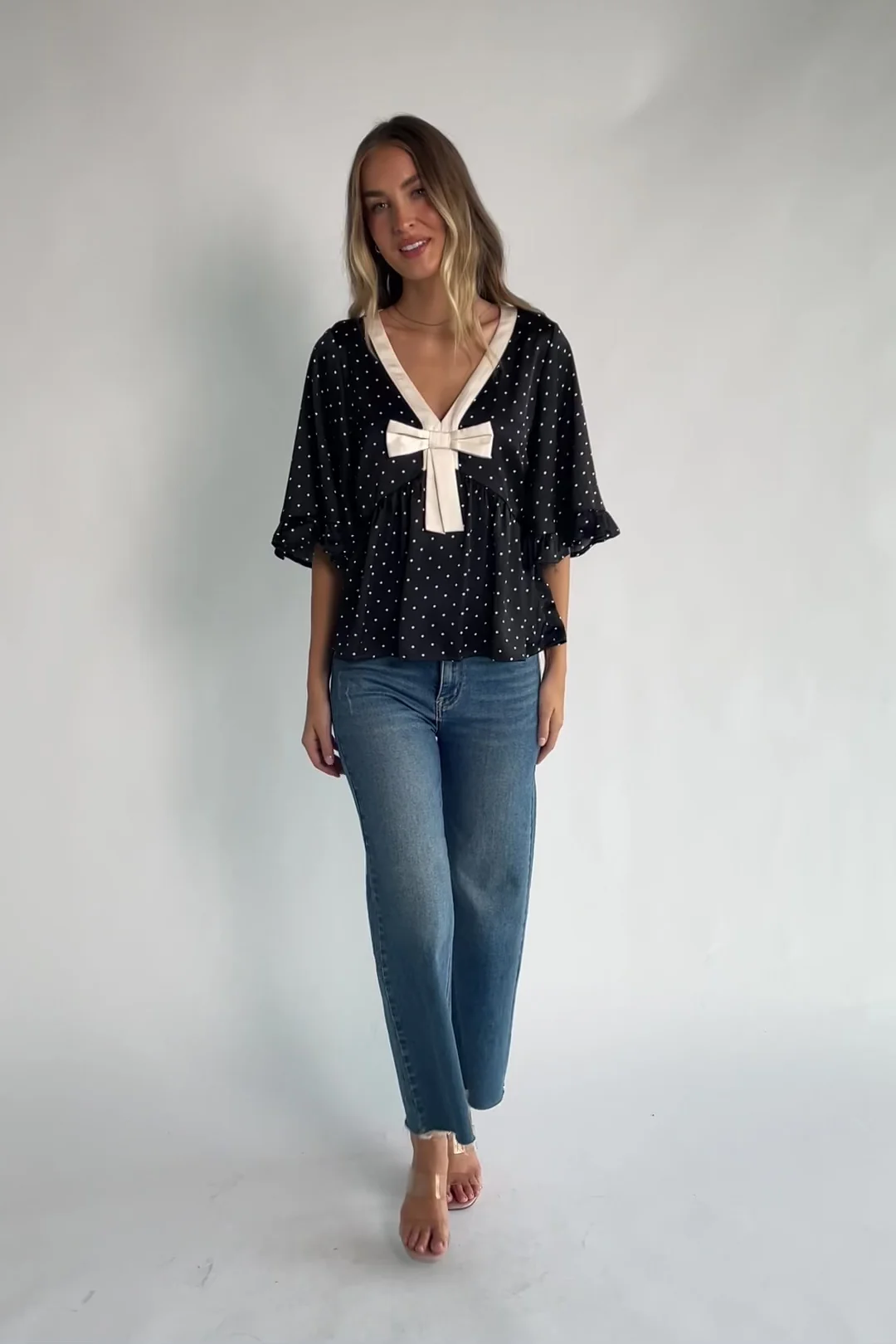 Carrie Bow Front Top | Black + Ivory Dot