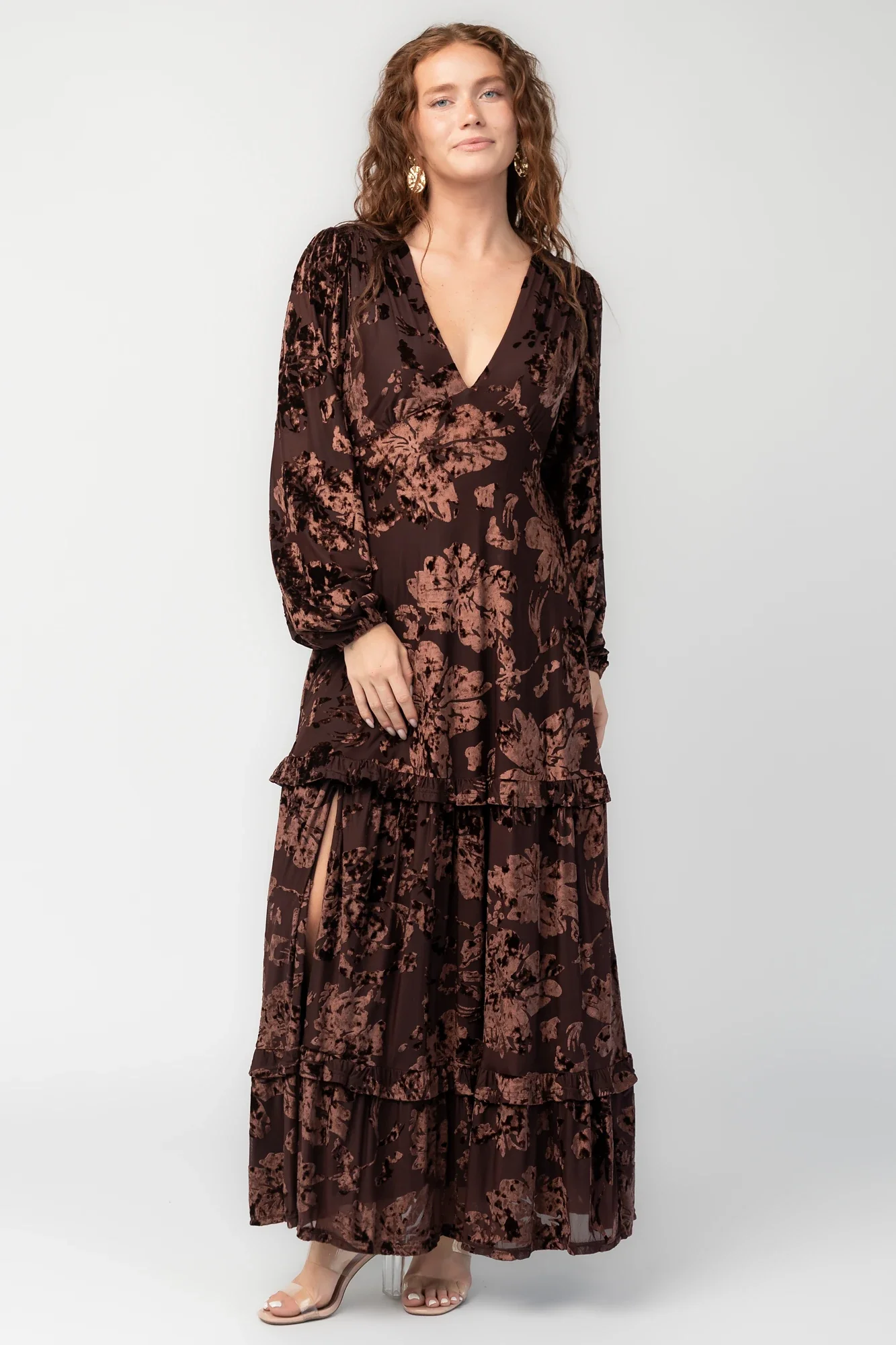 Liana Velvet Embossed Maxi Dress | Brown 14 Liana Velvet Embossed Maxi Dress | Brown