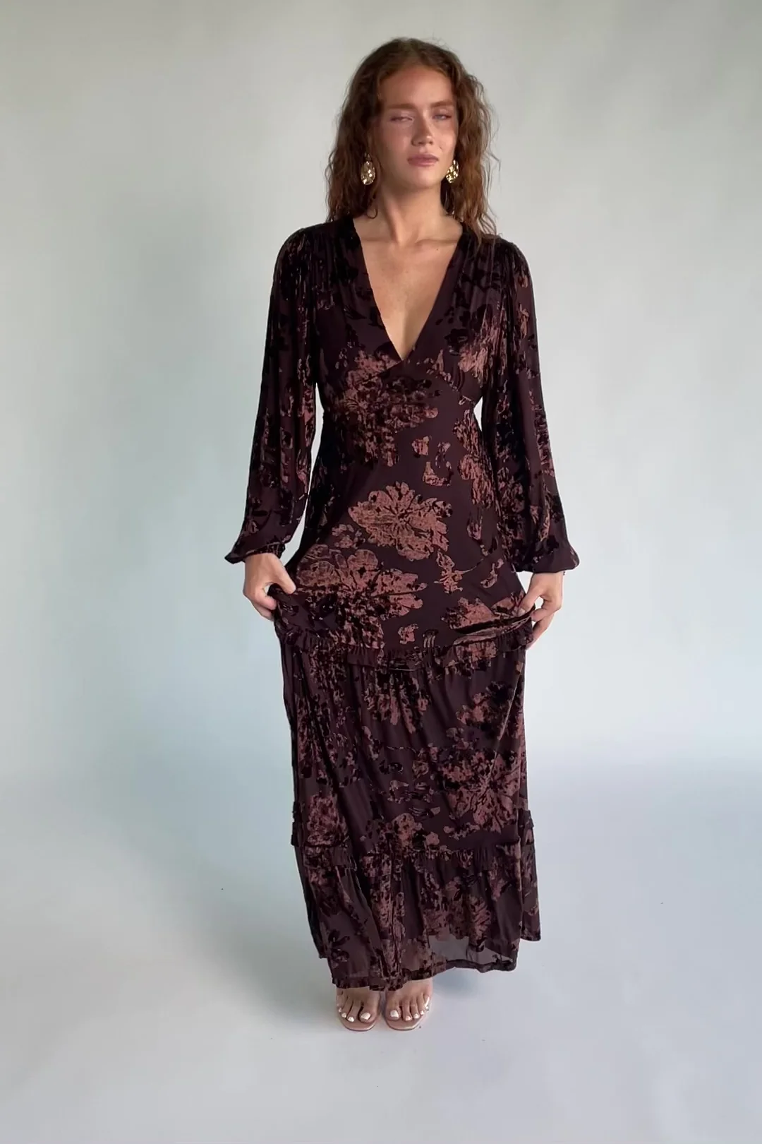 Liana Velvet Embossed Maxi Dress | Brown