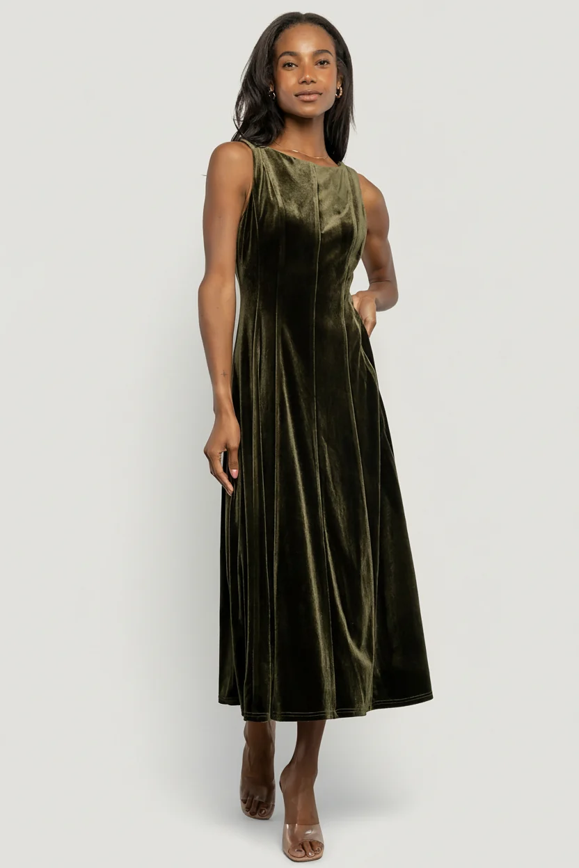 Annika Olive Velvet Midi Dress — Princess-Seam
