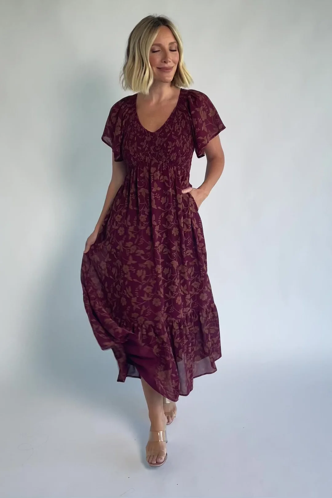 Monica Smocked Dress | Wine + Gold