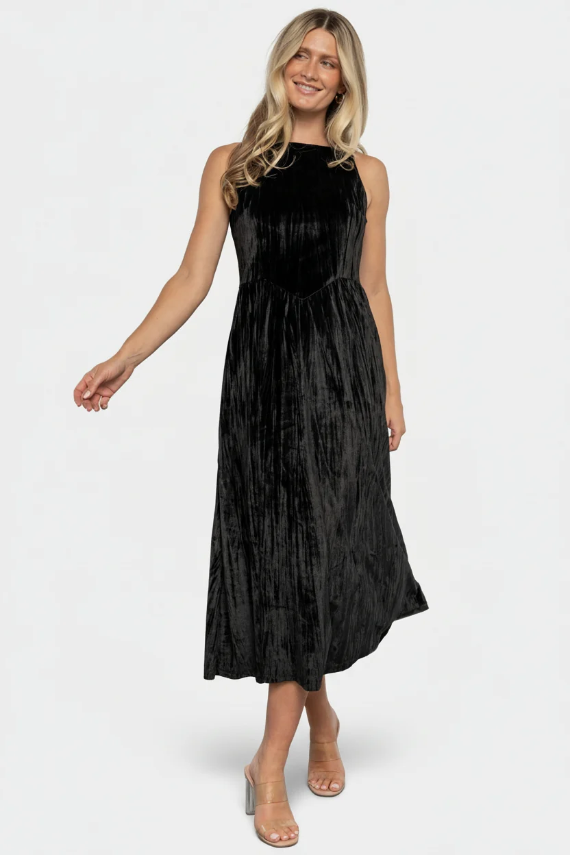 Octavia Velvet Midi Dress — Black