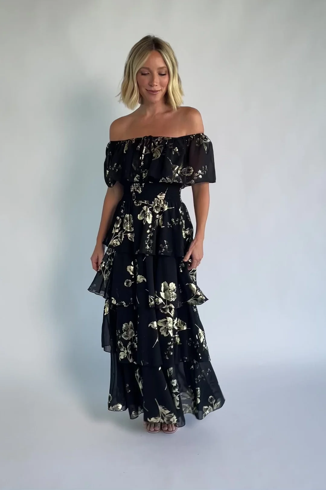 Carina Off Shoulder Maxi Dress | Black + Gold 1 Carina Off Shoulder Maxi Dress | Black + Gold
