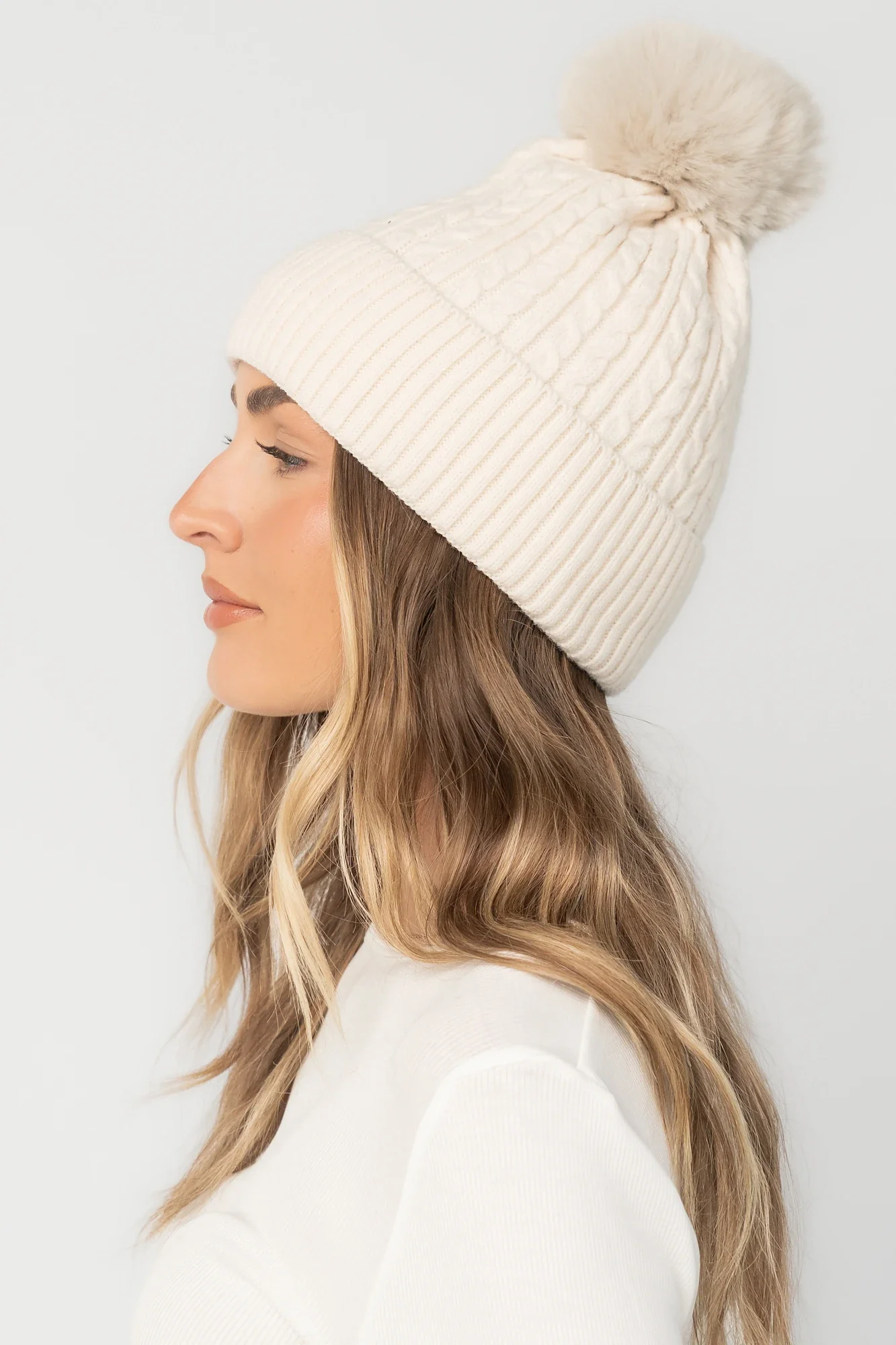Lake Cable Knit Pom Beanie | Ivory 2 Lake Cable Knit Pom Beanie | Ivory