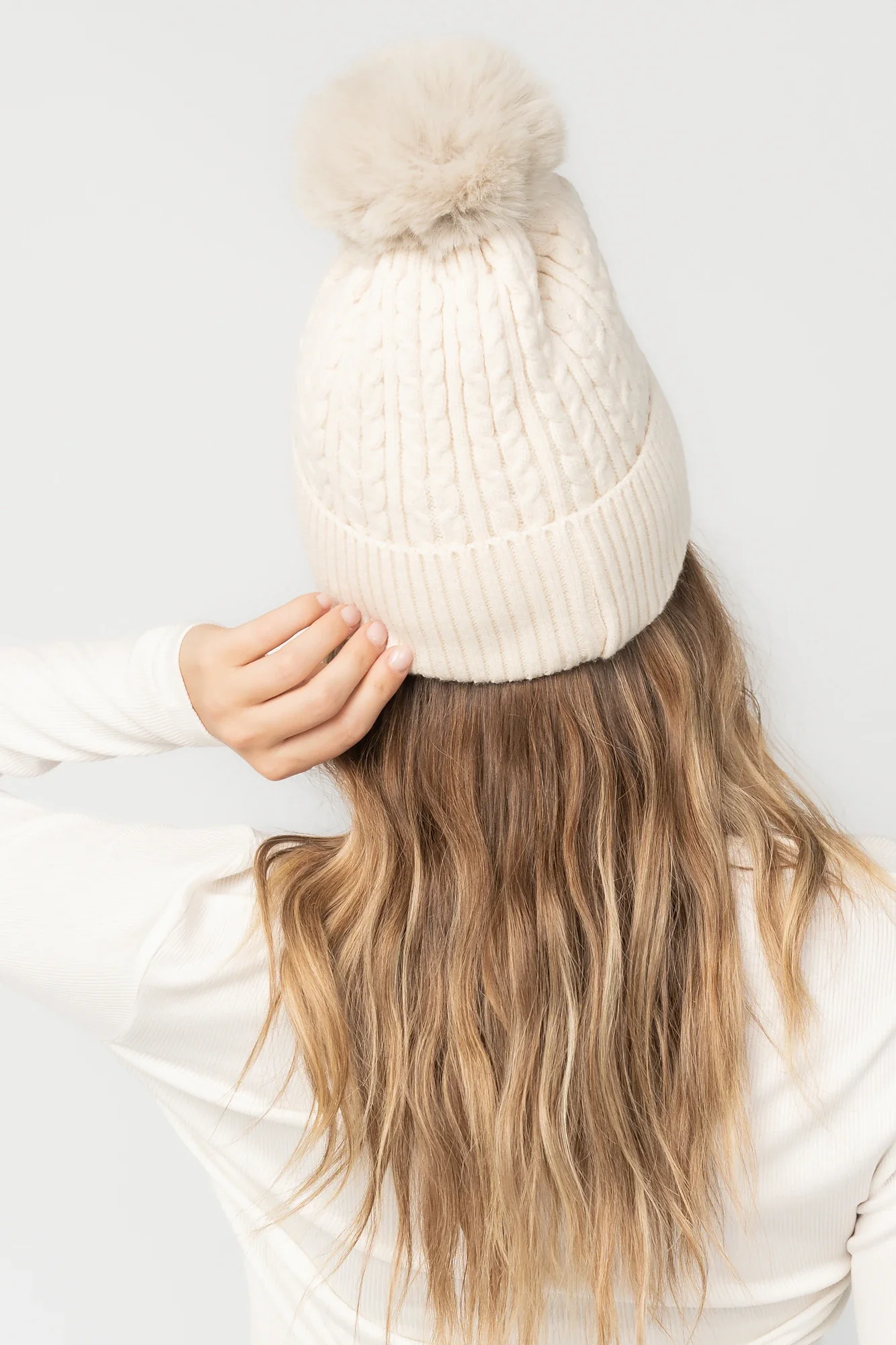 Lake Cable Knit Pom Beanie | Ivory 3 Lake Cable Knit Pom Beanie | Ivory