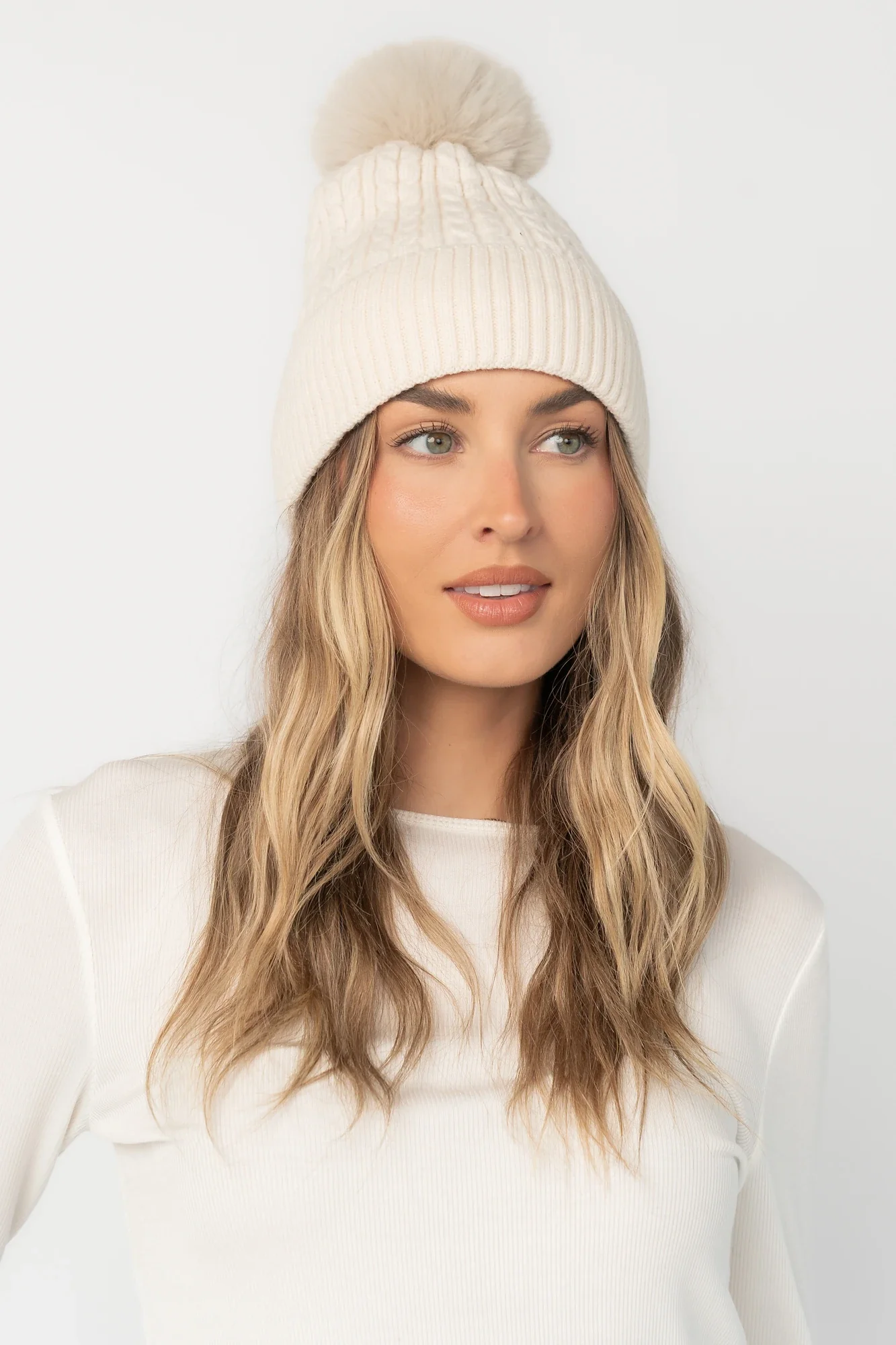 Lake Cable Knit Pom Beanie | Ivory 4 Lake Cable Knit Pom Beanie | Ivory