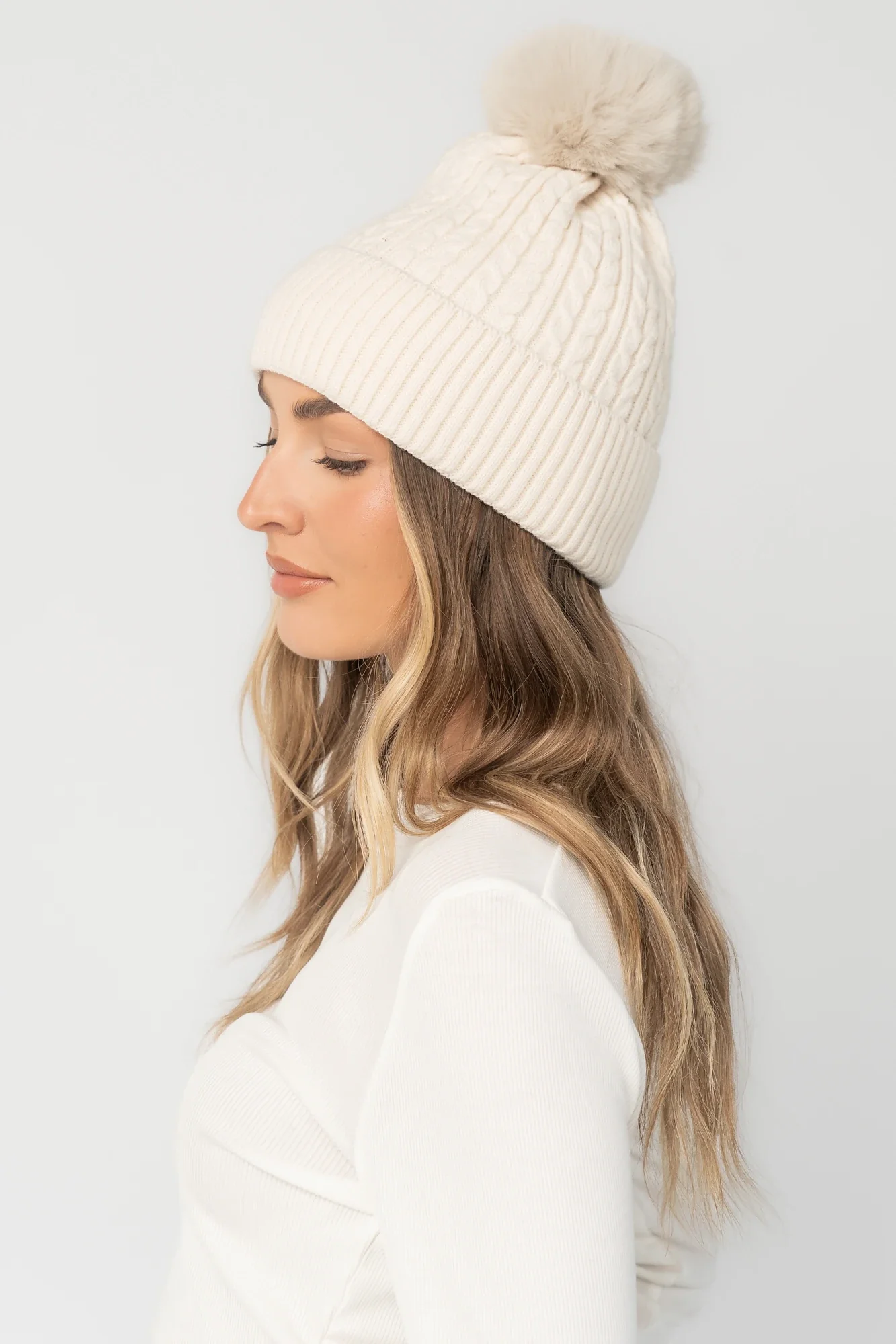 Lake Cable Knit Pom Beanie | Ivory 5 Lake Cable Knit Pom Beanie | Ivory
