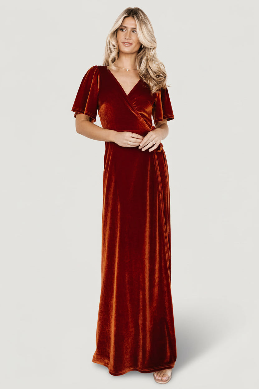 Meghan Velvet Wrap Maxi Dress - Rust Velvet