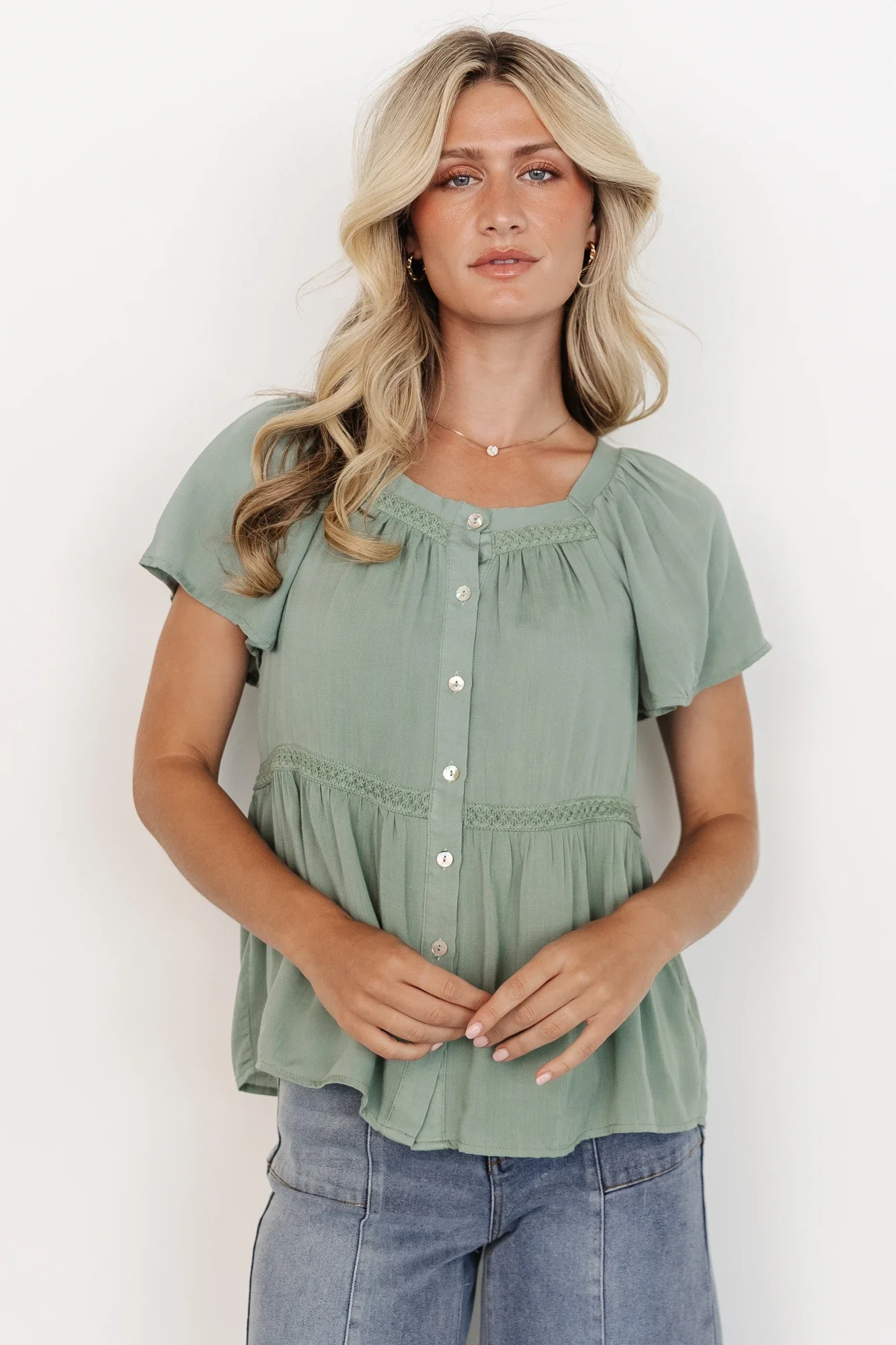 Unity Button Up Top — Sage Lace-Trim Rayon