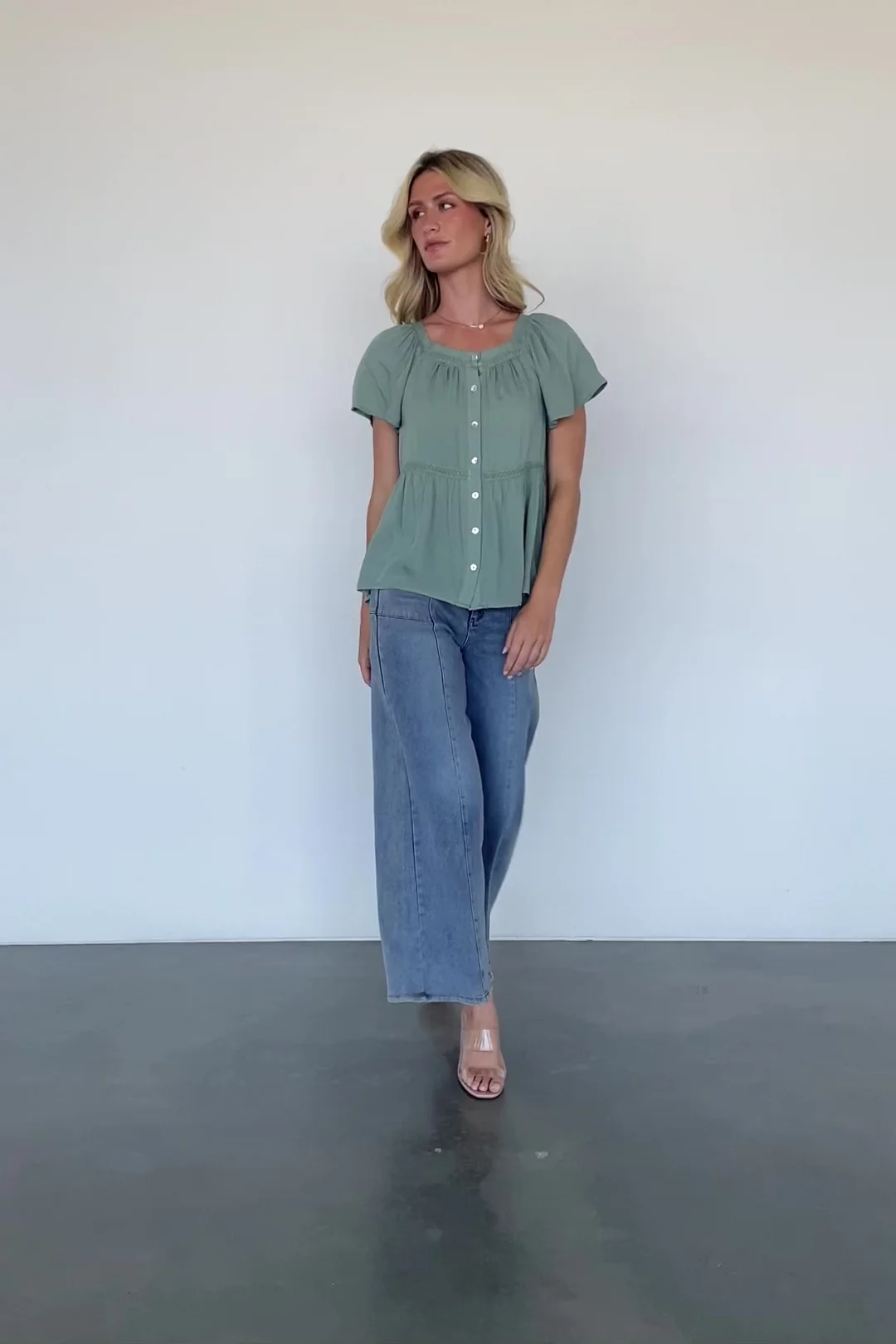 Unity Button Up Top — Sage Lace-Trim Rayon