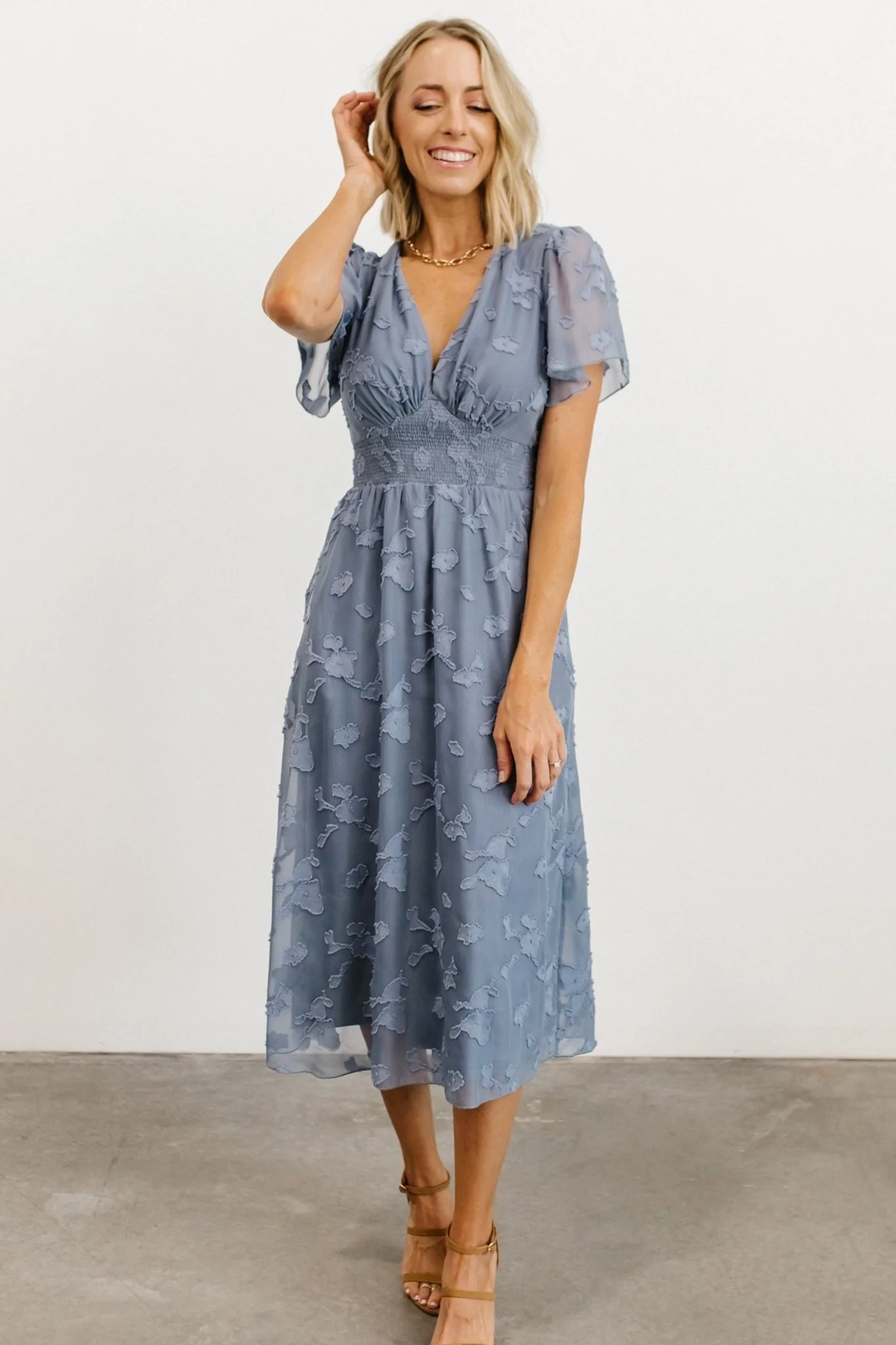 June Smocked Midi Dress — Chiffon Midi in Blue