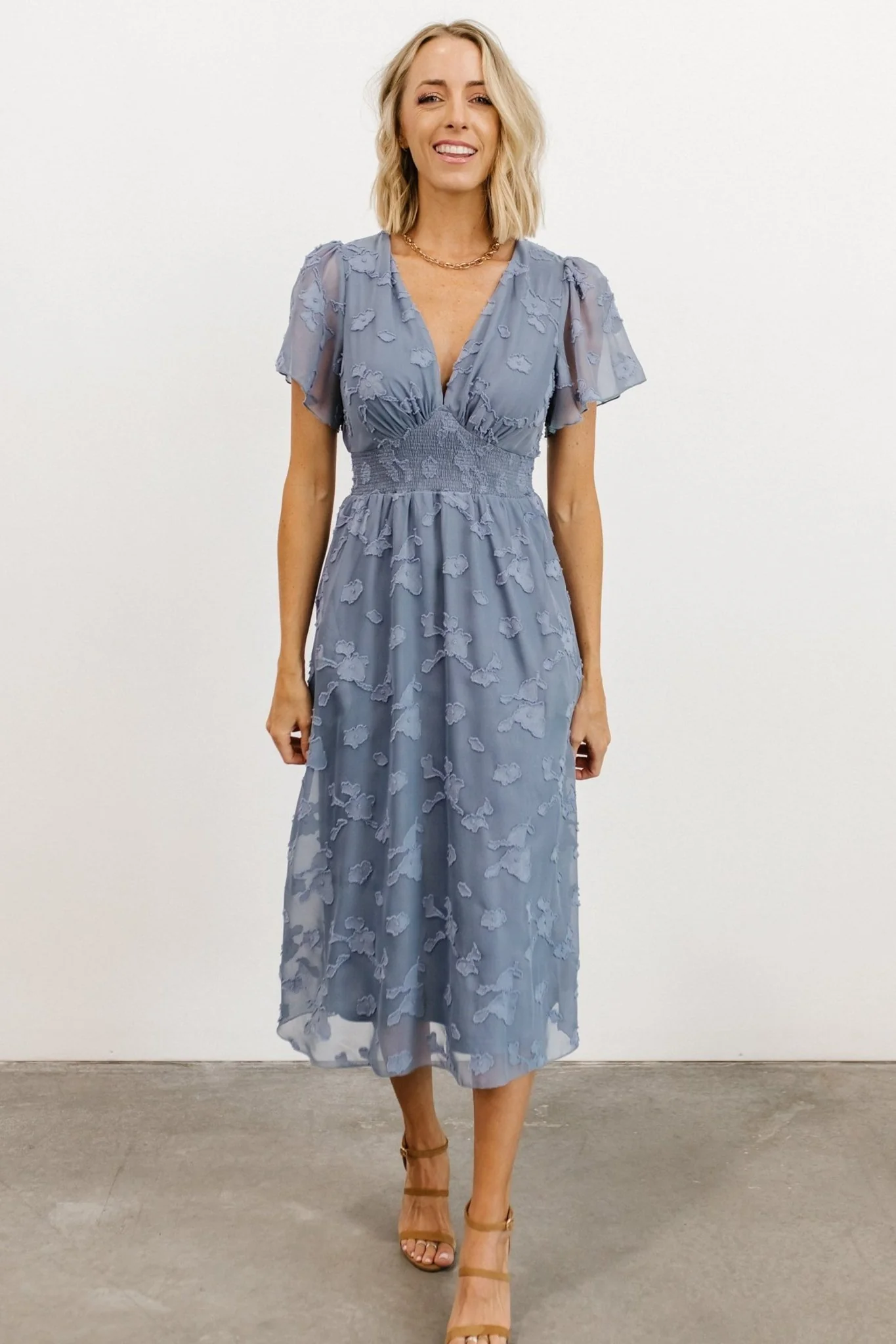 June Smocked Midi Dress — Chiffon Midi in Blue 2 June Smocked Midi Dress — Chiffon Midi in Blue