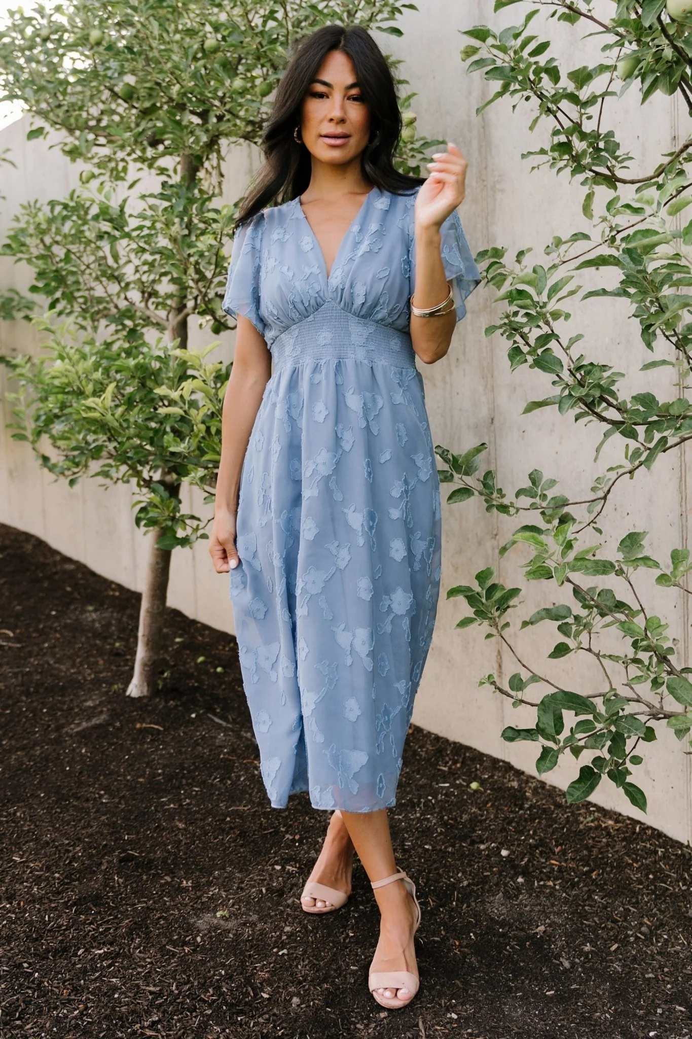 June Smocked Midi Dress — Chiffon Midi in Blue 3 June Smocked Midi Dress — Chiffon Midi in Blue