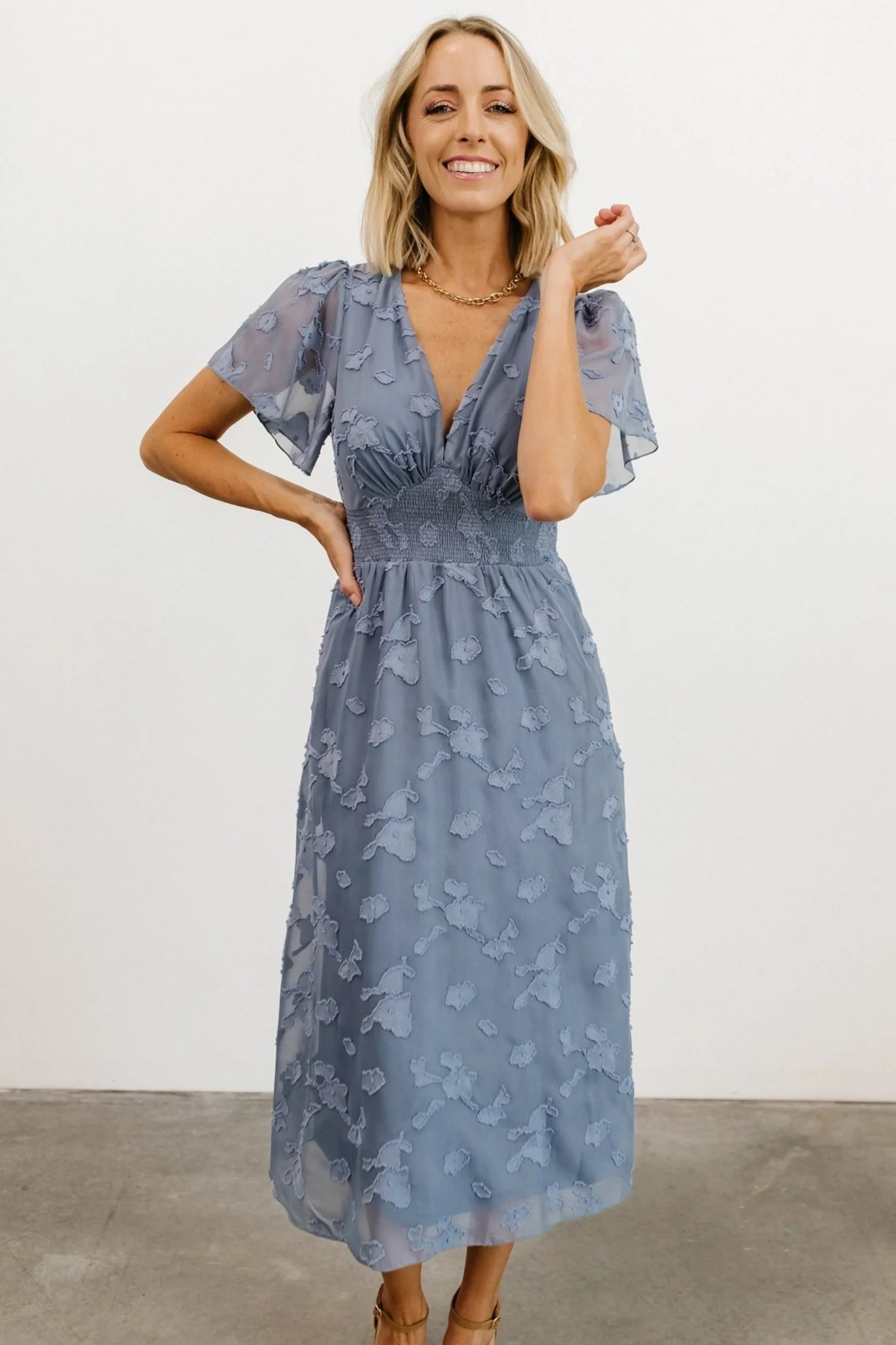 June Smocked Midi Dress — Chiffon Midi in Blue 4 June Smocked Midi Dress — Chiffon Midi in Blue