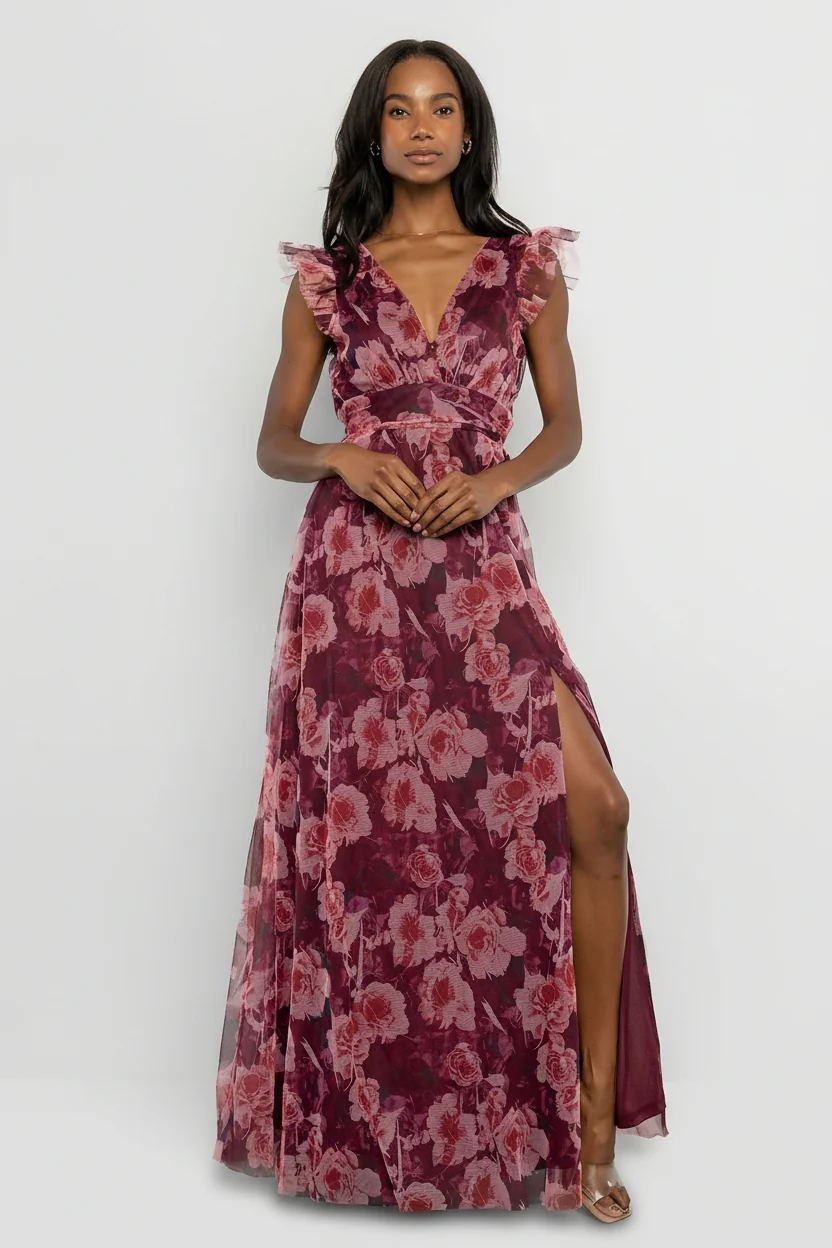 Adelyn Maxi Dress — Wine Floral Tulle Maxi
