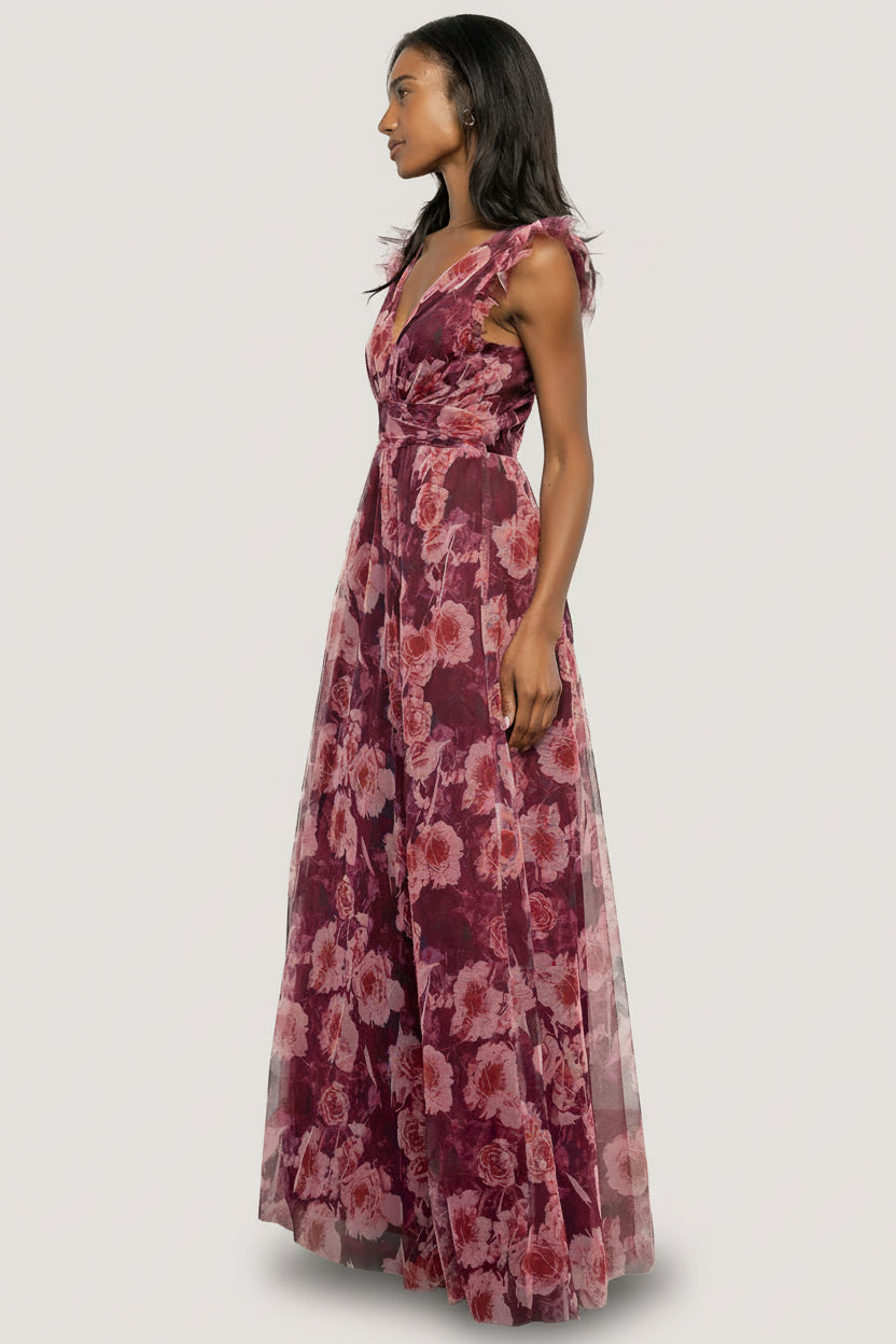 Adelyn Maxi Dress — Wine Floral Tulle Maxi