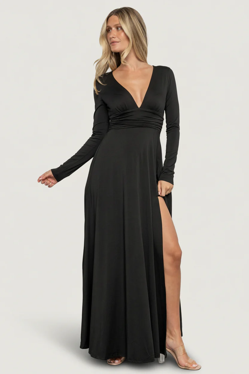Arianna Maxi Dress — Black V-Neck, Smocked