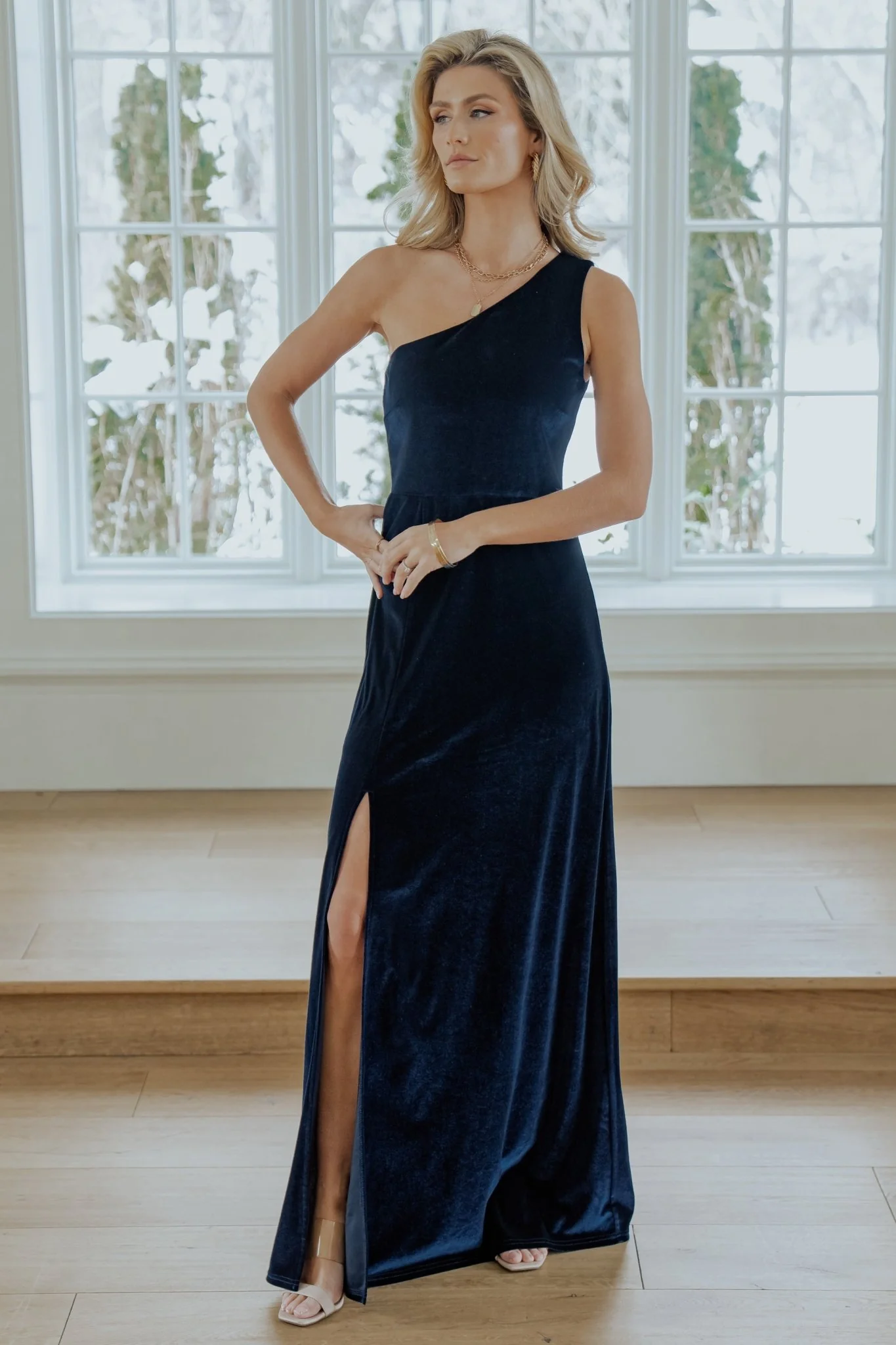 Tatiana Velvet One-Shoulder Maxi Dress — Navy