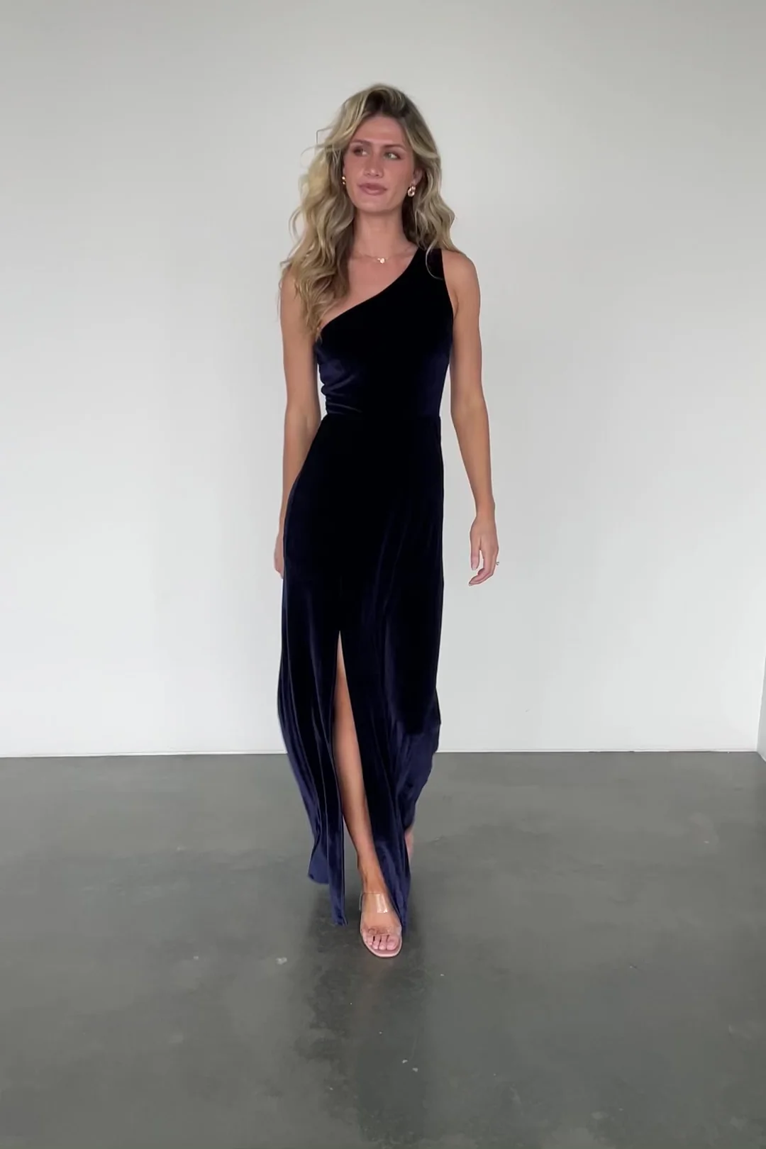 Tatiana Velvet One-Shoulder Maxi Dress — Navy