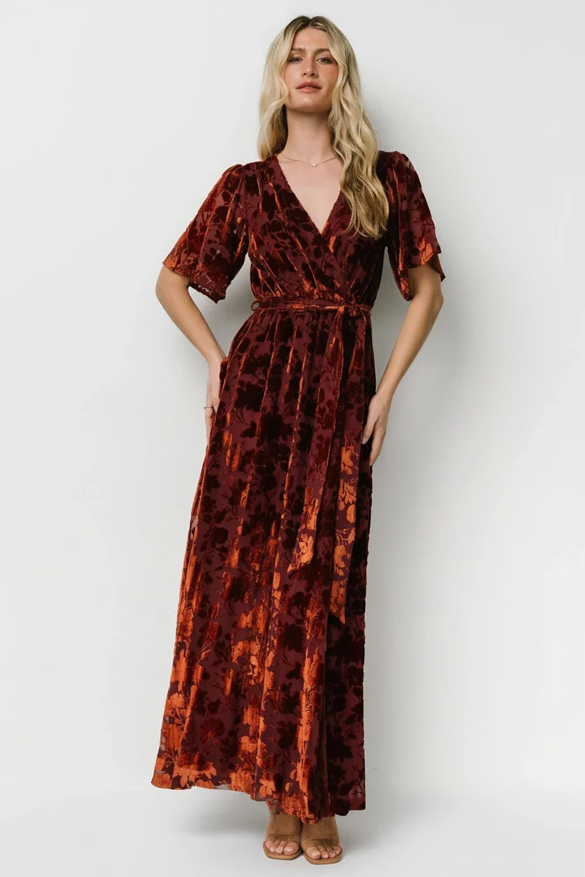 Uma Velvet Maxi Dress — Copper Floral