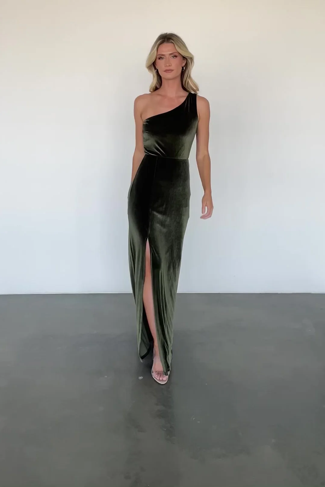 Tatiana Velvet One-Shoulder Maxi Dress — Olive