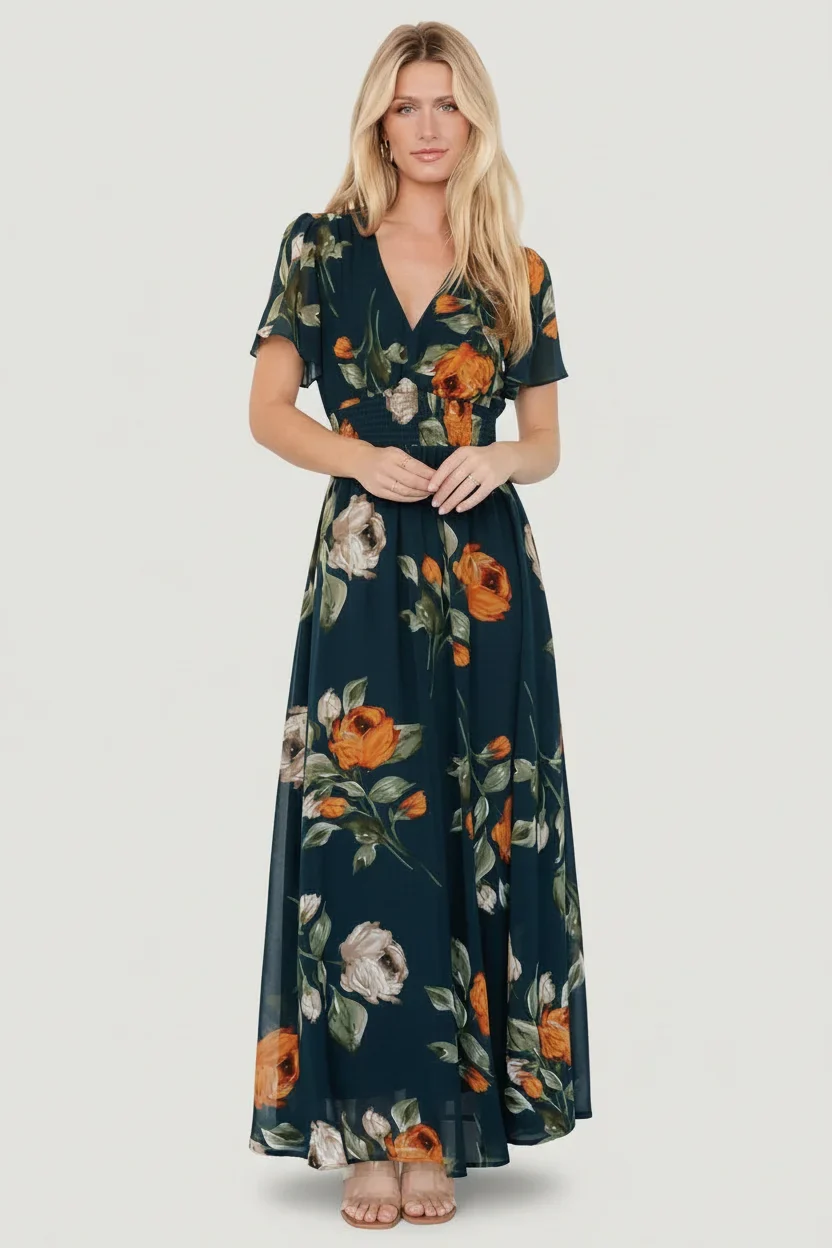 Birdie Maxi Dress - Deep Topaz Floral V-Neck
