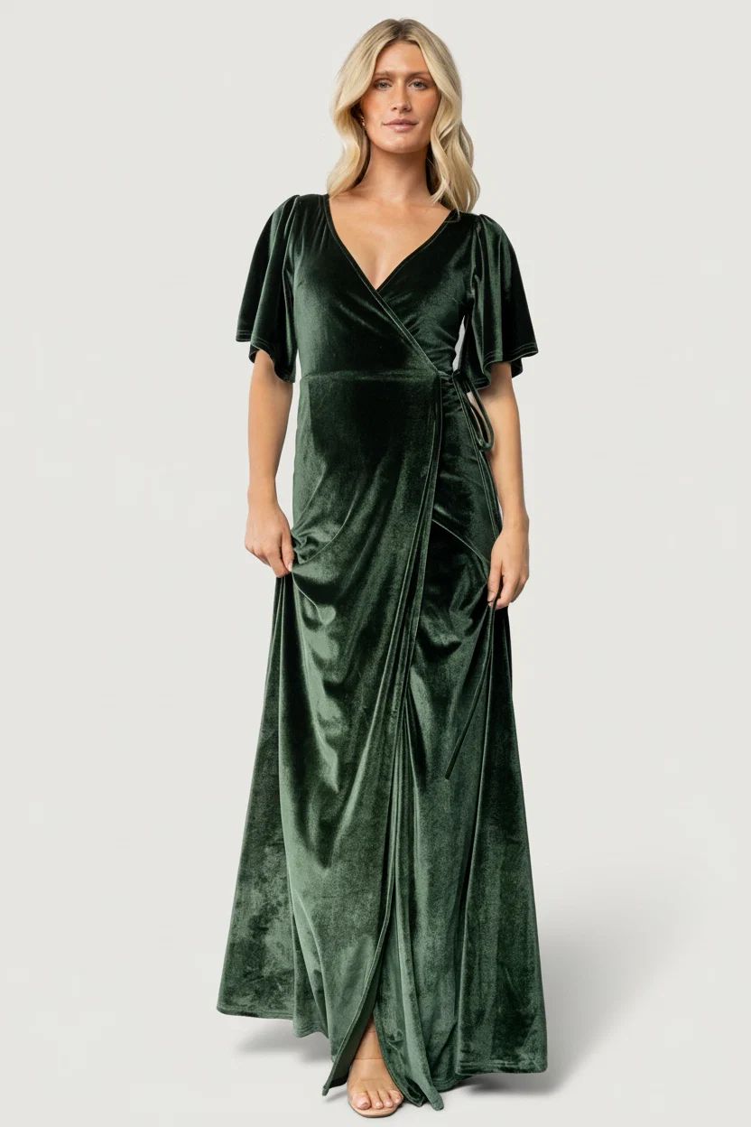 Meghan Velvet Wrap Maxi Dress - Deep Green