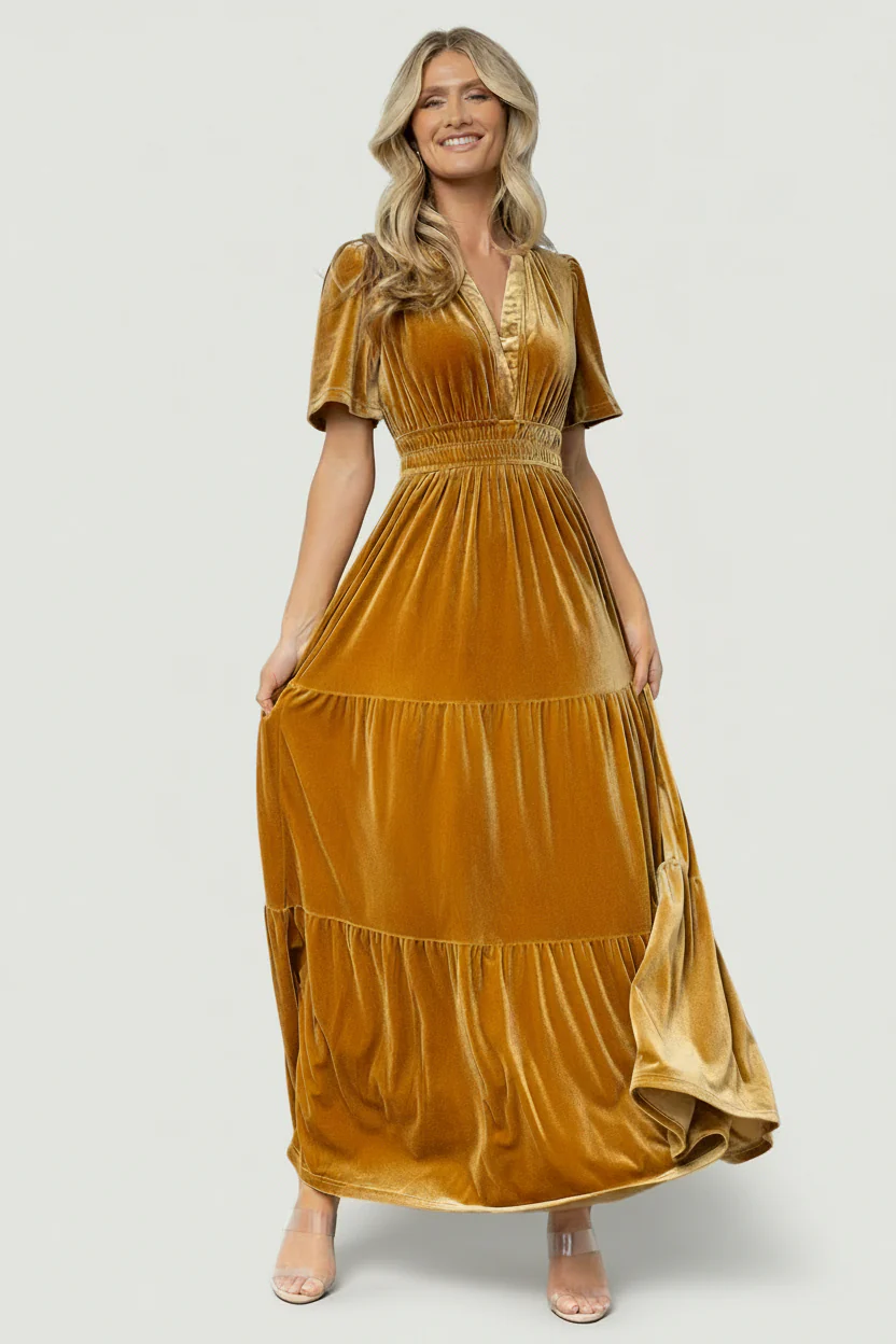 Artemis Velvet Maxi Dress — Dark Gold V-Neck