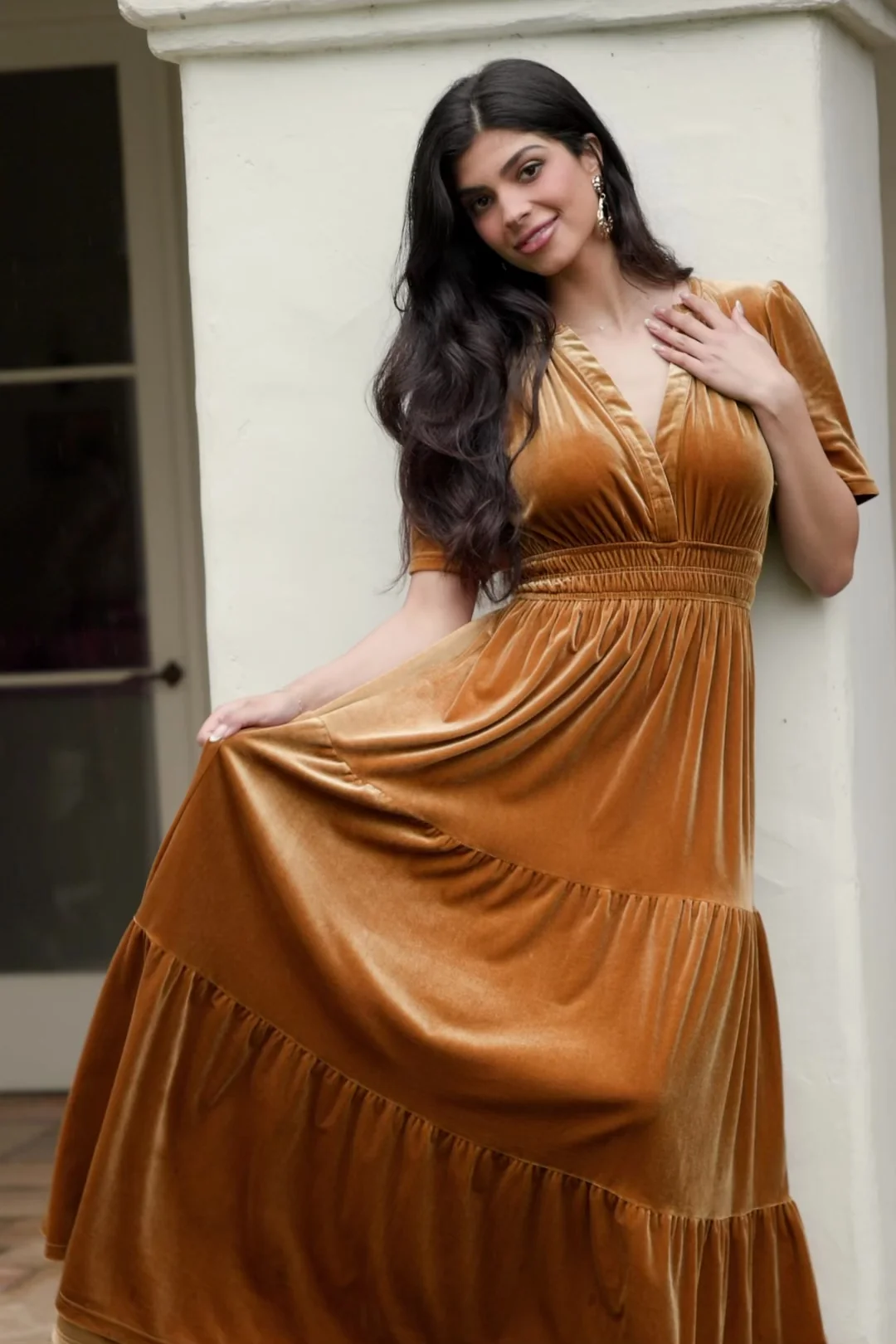 Artemis Velvet Maxi Dress — Dark Gold V-Neck