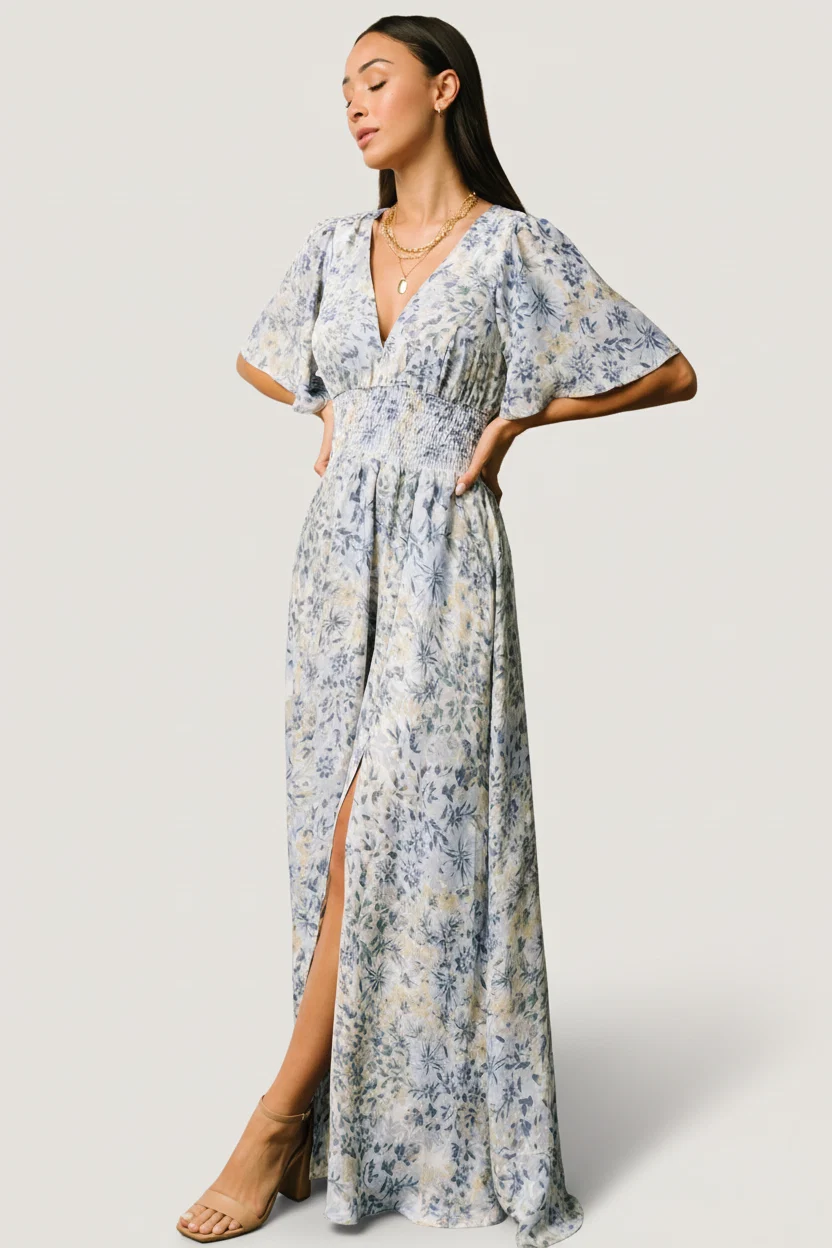 Verona Smocked Maxi — White & Blue Print