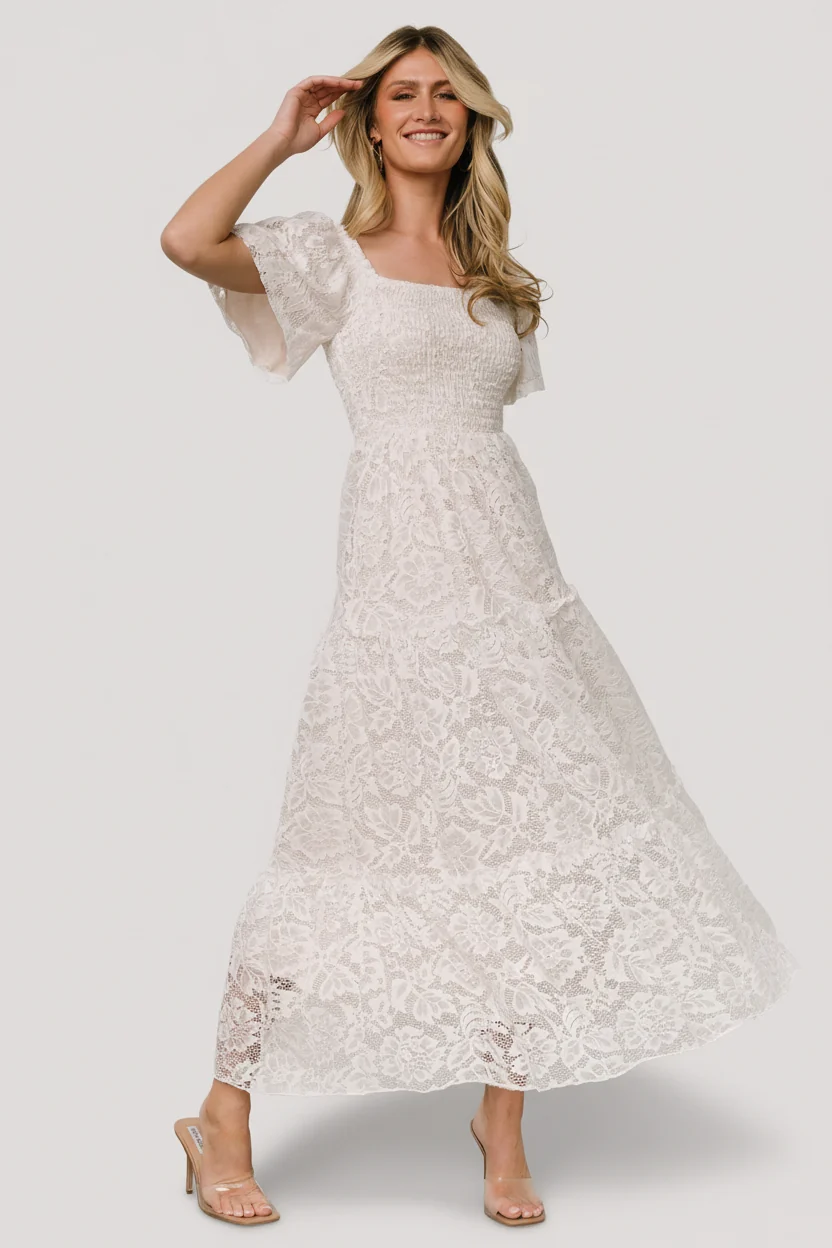 Aspen Smocked Lace Maxi Dress — Off-White