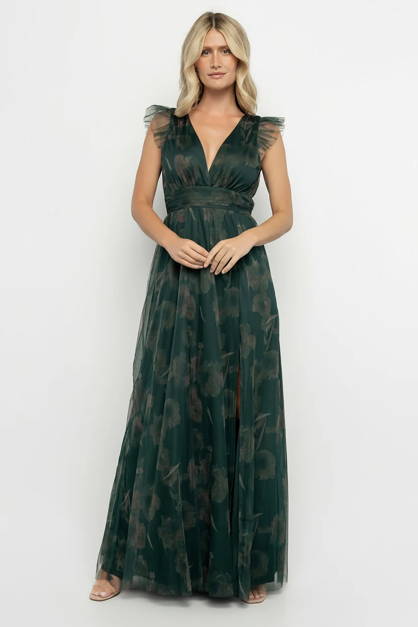 Adelyn Maxi Dress - Green Floral Tulle Maxi