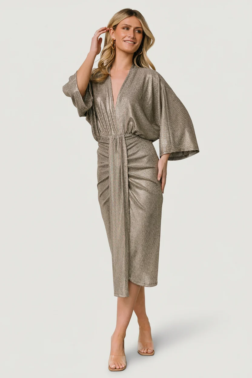 Ciara Ruched Midi Dress, Silver Metallic