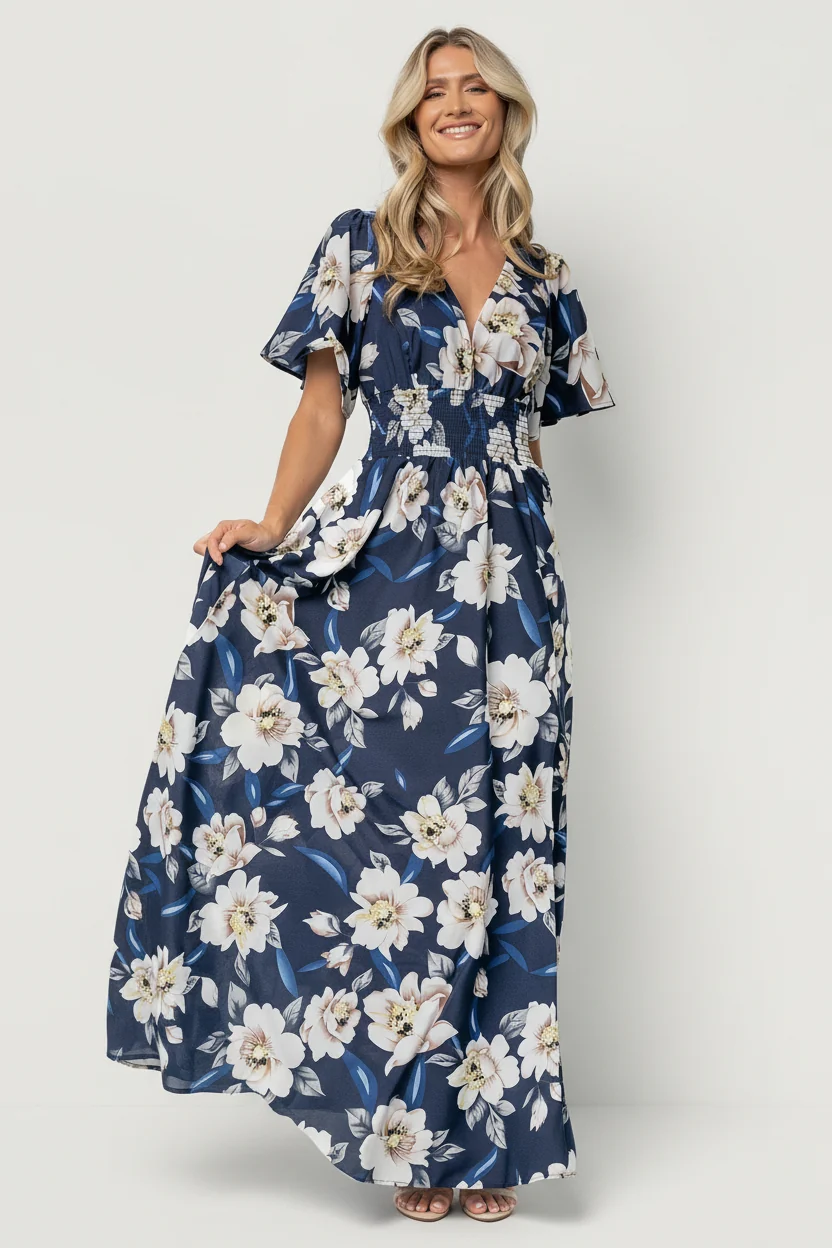 Verona Smocked Maxi - Navy & White Floral 11 Verona Smocked Maxi - Navy & White Floral