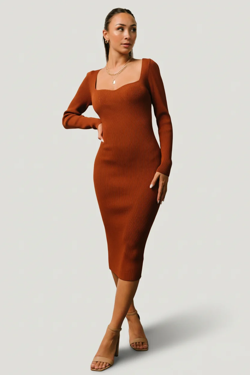 Waldorf Ribbed Midi Dress — Chestnut 2 Waldorf Ribbed Midi Dress — Chestnut