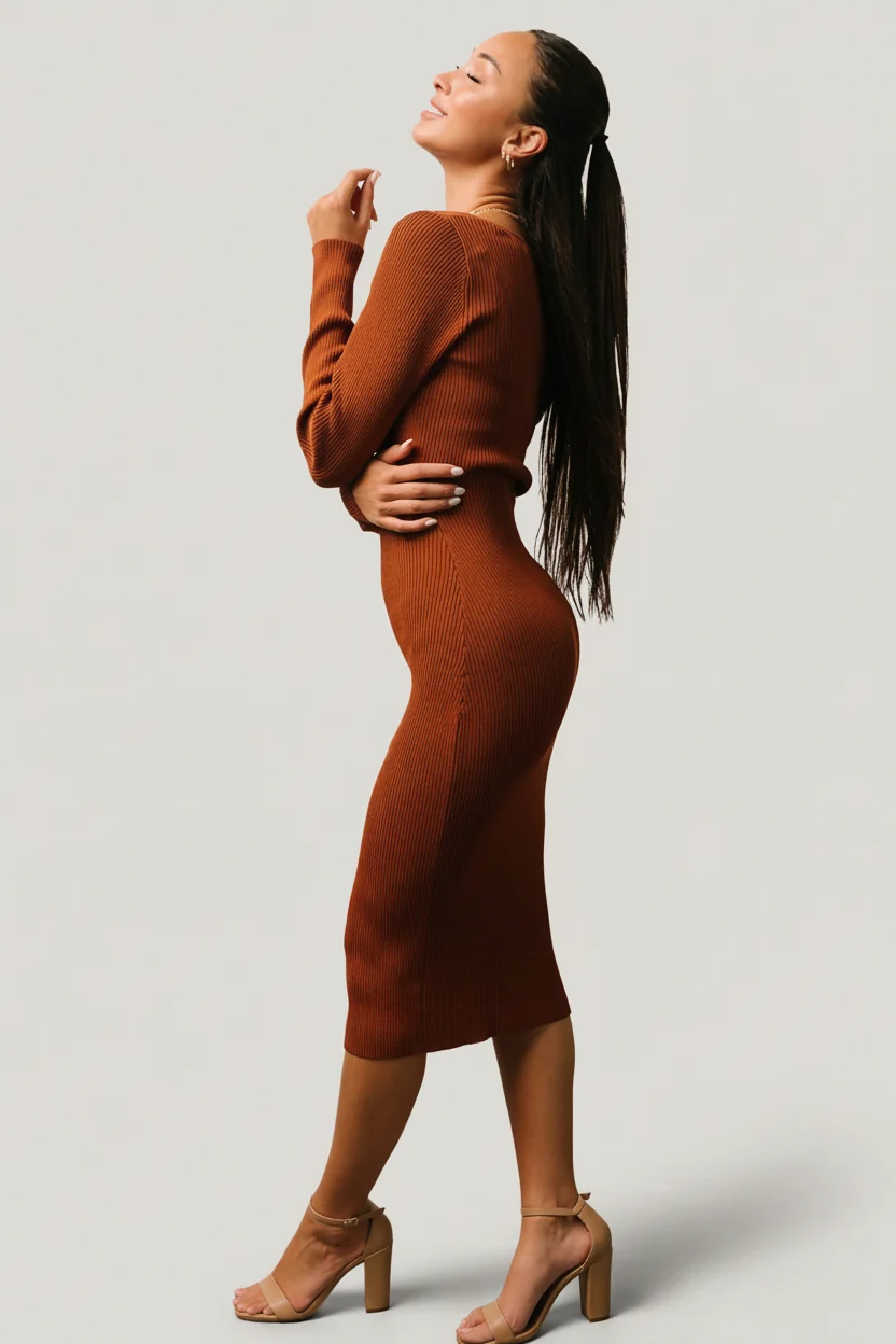 Waldorf Ribbed Midi Dress — Chestnut 4 Waldorf Ribbed Midi Dress — Chestnut
