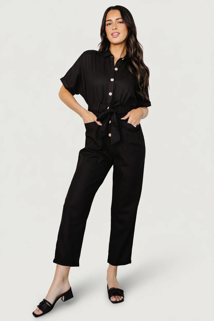Dallas Linen Utility Jumpsuit — Black