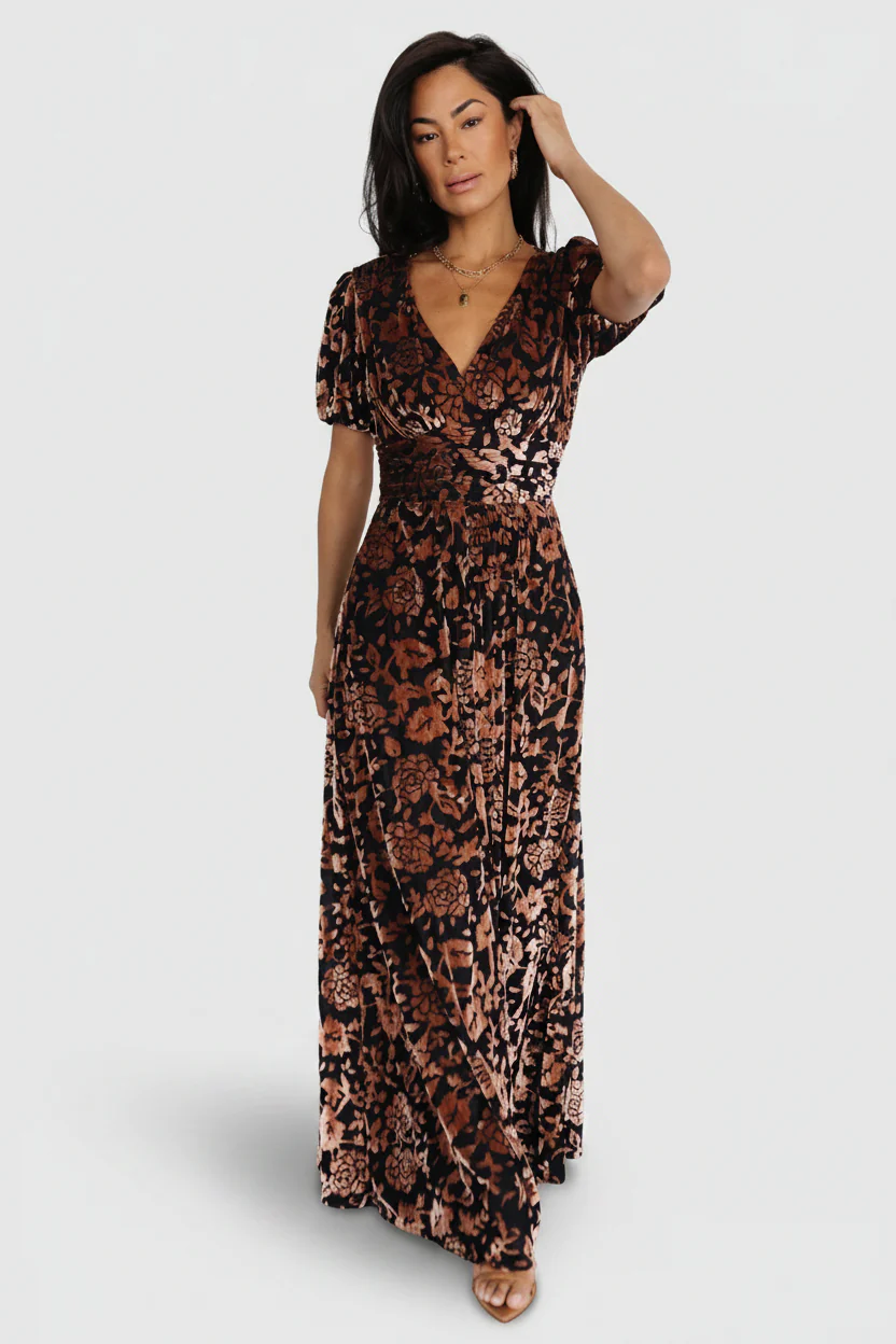 Leslie Velvet Maxi Dress - Black + Bronze