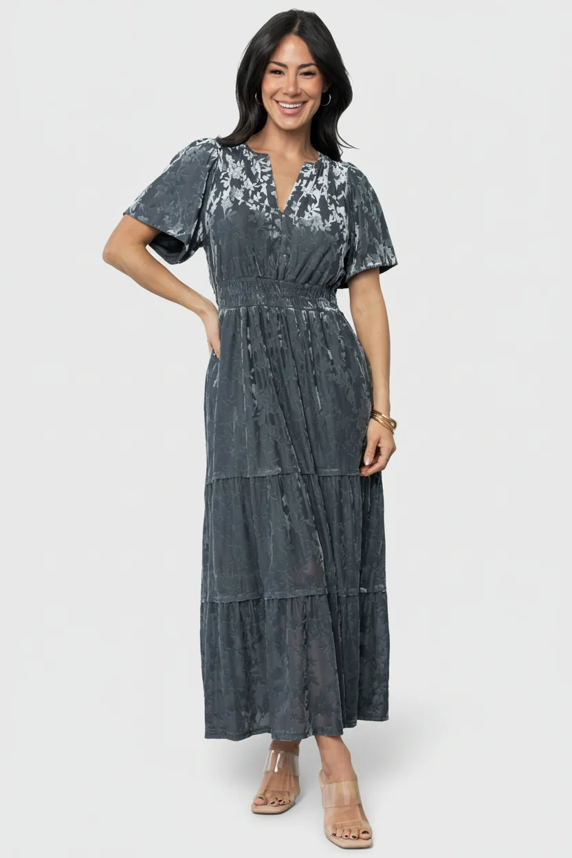 Bronwyn Velvet Midi Dress — Dusty Blue