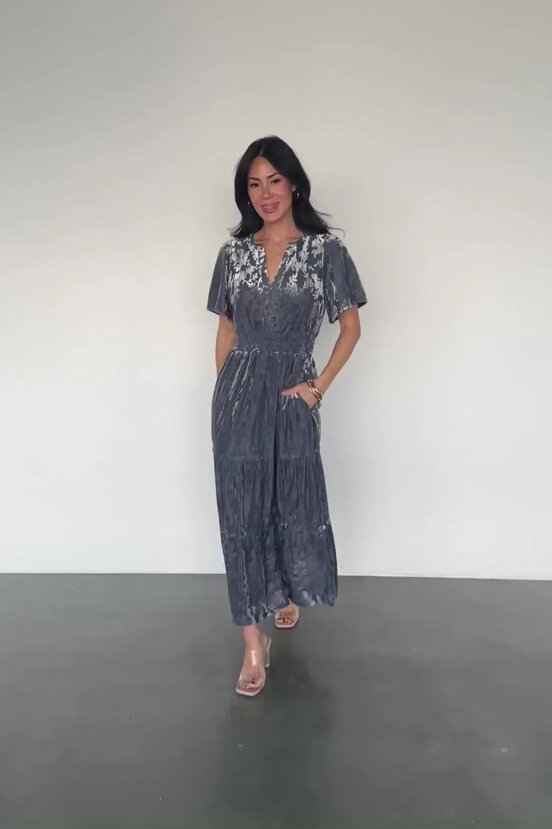 Bronwyn Velvet Midi Dress — Dusty Blue